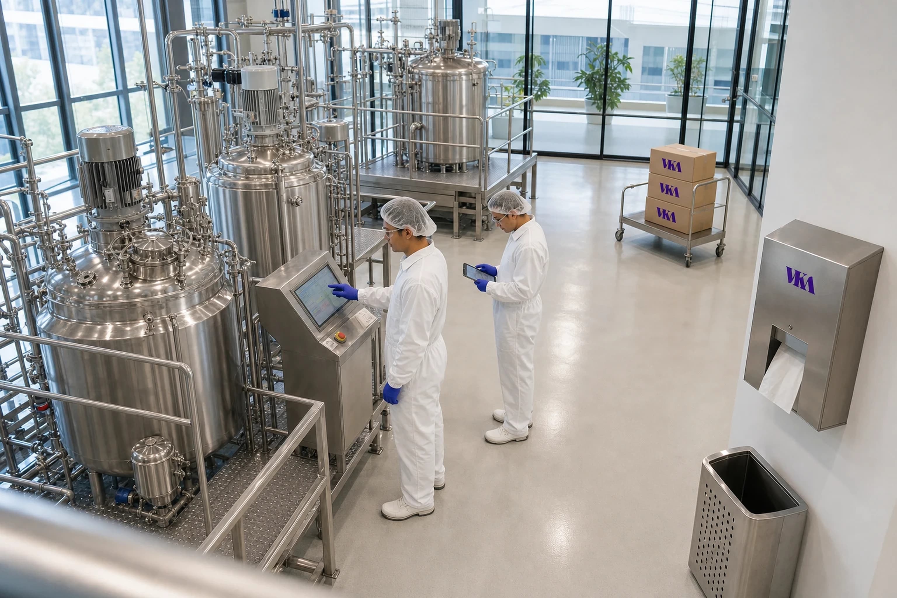 Lantai produksi modern yang bersih dengan tangki pencampur stainless