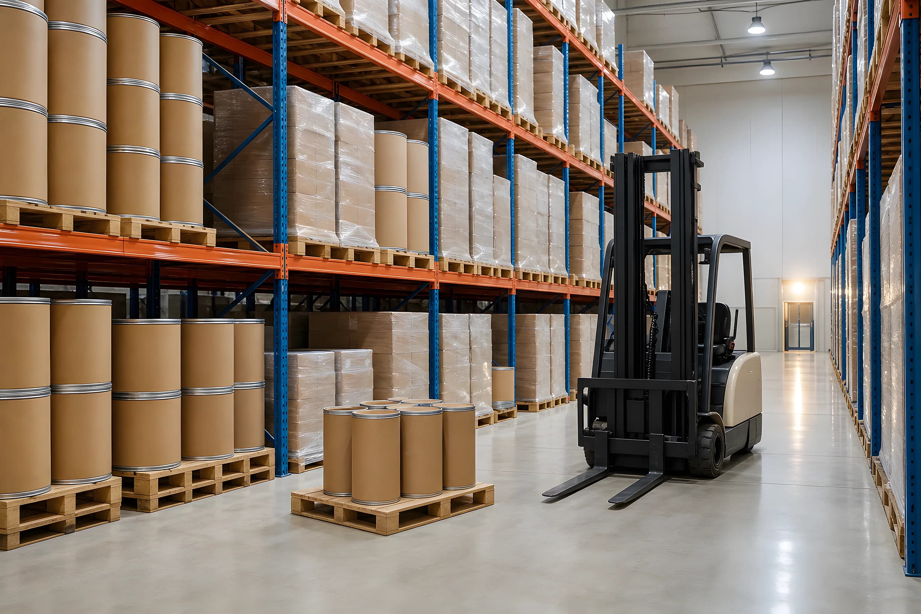 VKA warehouse with palletised flavour-product cases on industrial steel shelving