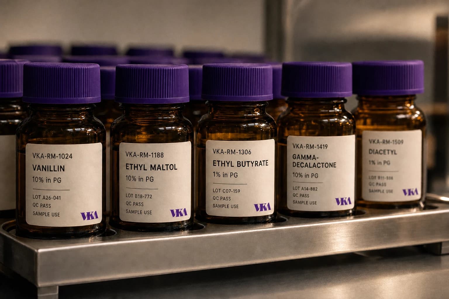 Labelled amber sample bottles racked in the VKA flavour library, the amber glass and sealed caps that protect flavours from light and oxygen