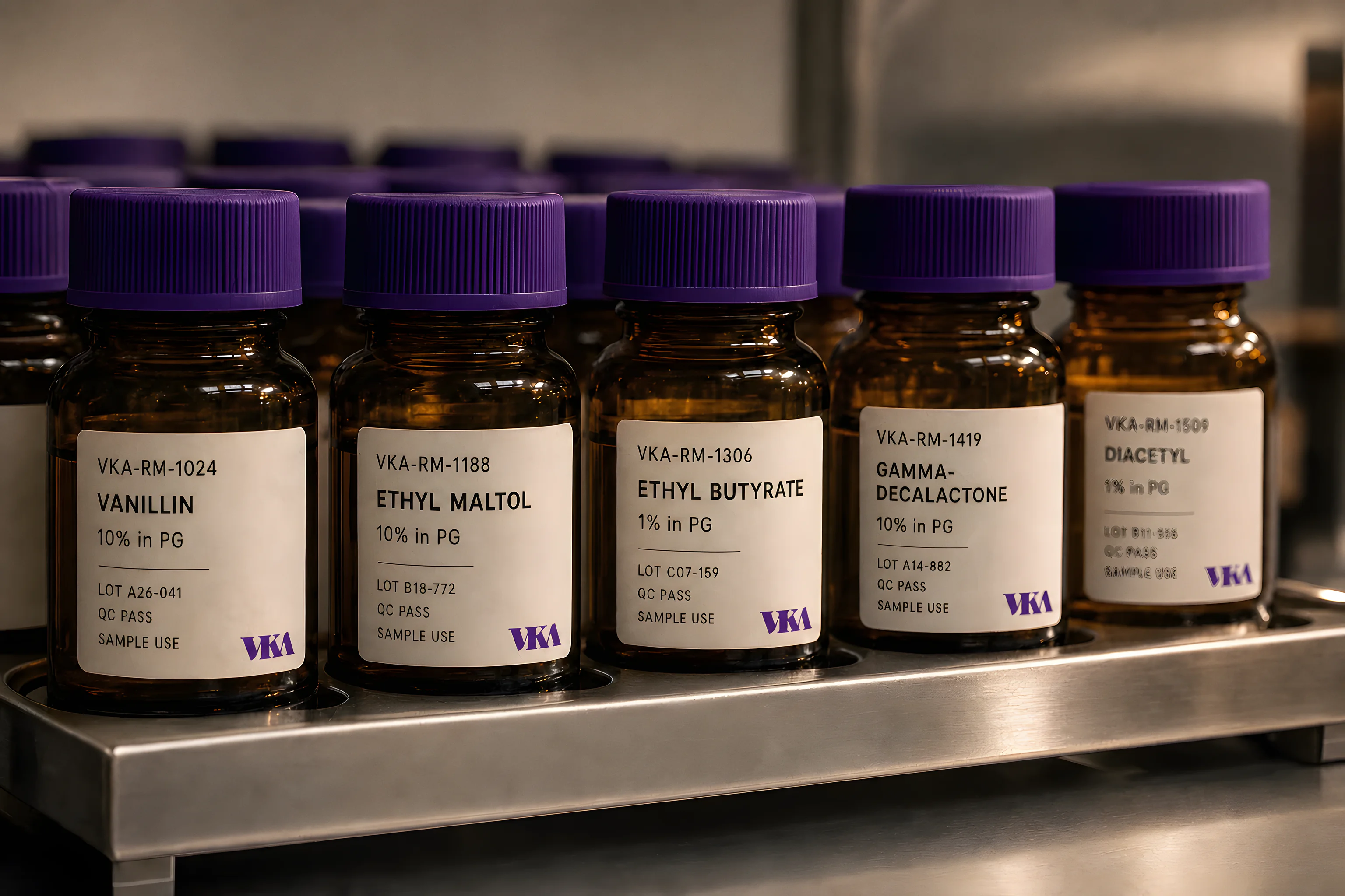 Labelled amber sample bottles racked in the VKA flavour library, the amber glass and sealed caps that protect flavours from light and oxygen