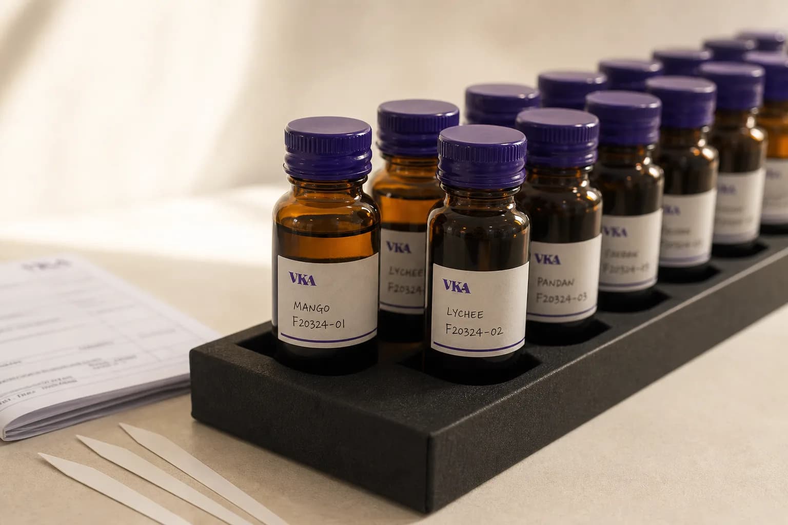 Labelled amber sample bottles racked in the VKA flavour library, the amber glass and sealed caps that protect flavours from light and oxygen
