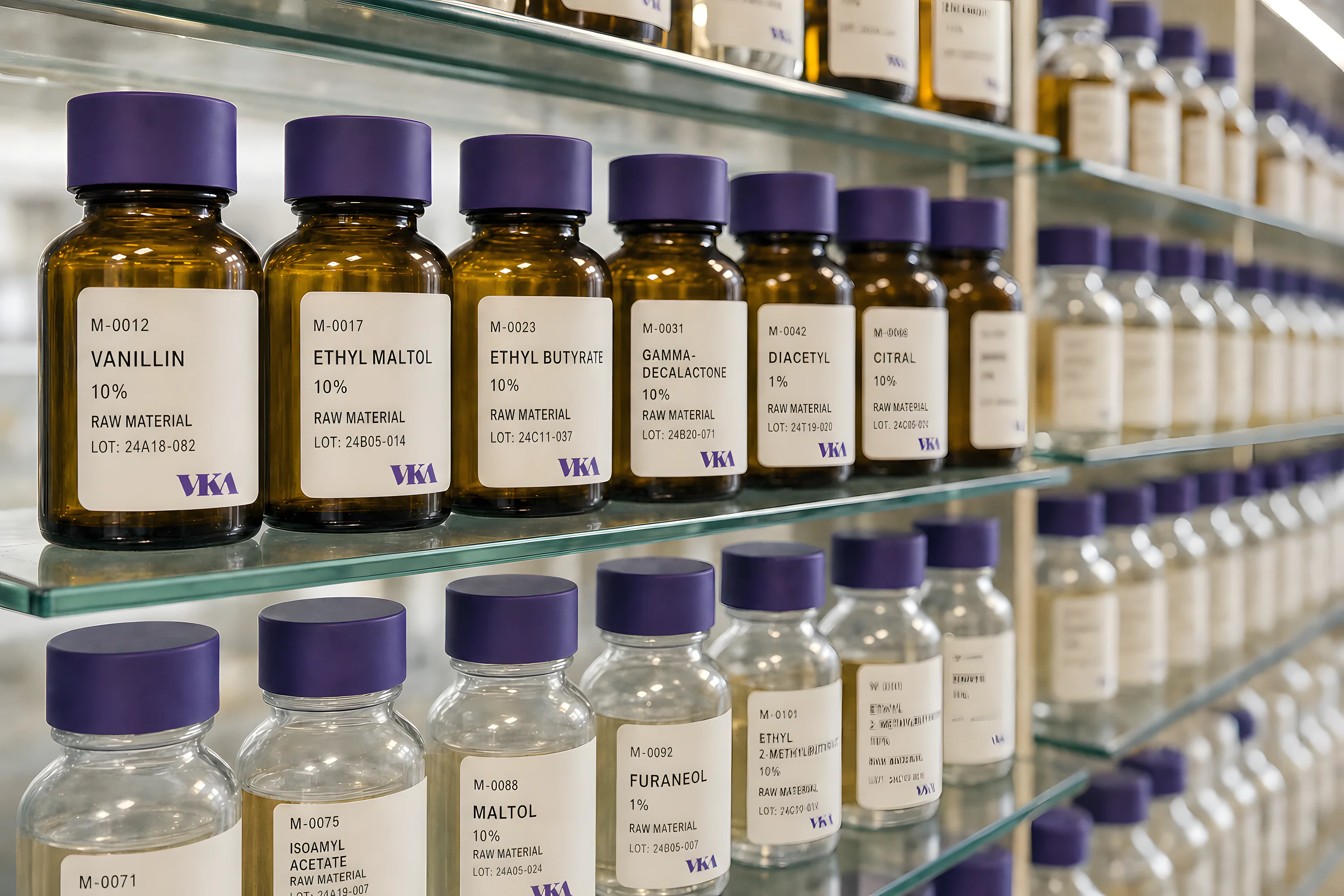A wall of VKA reference sample bottles with amber glass and purple caps