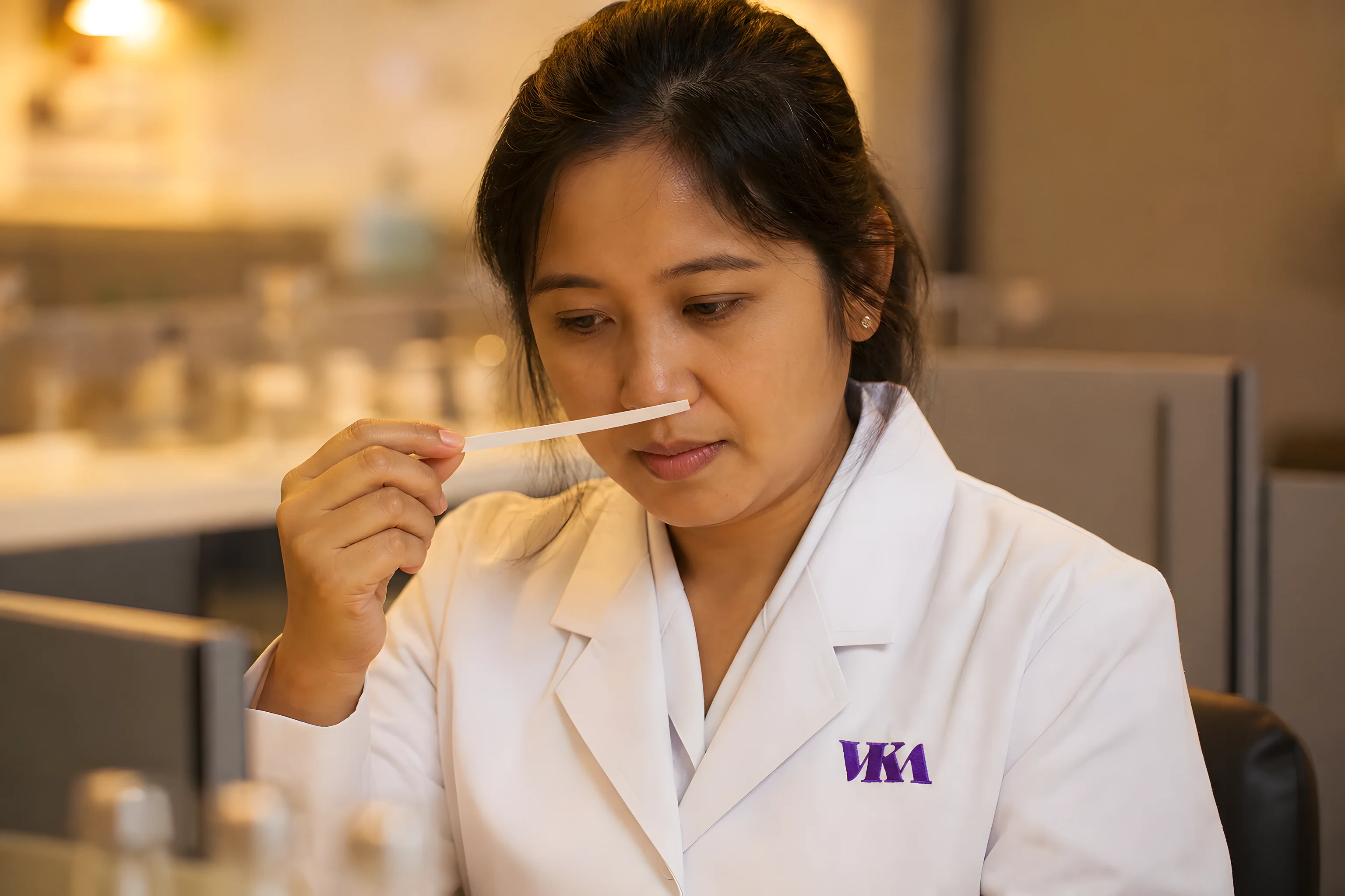 A panellist tasting a sample in a sensory evaluation booth