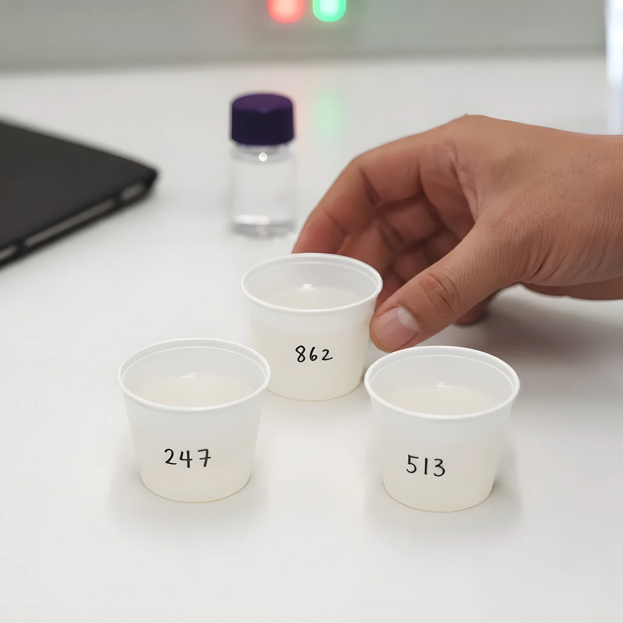 Coded cups set out for a sensory triangle test