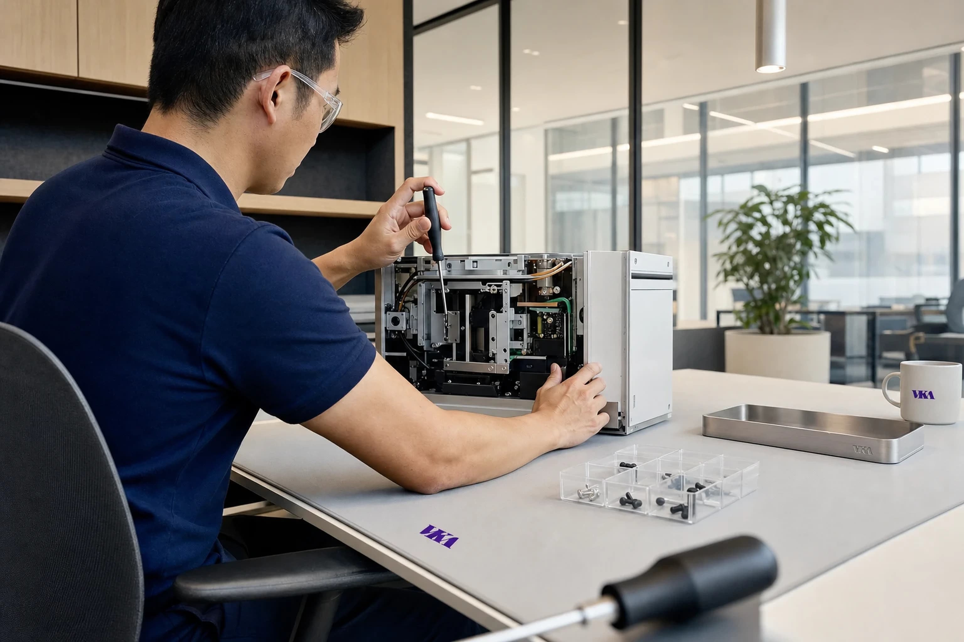 Technician servicing laboratory instruments at an in-house workshop bench