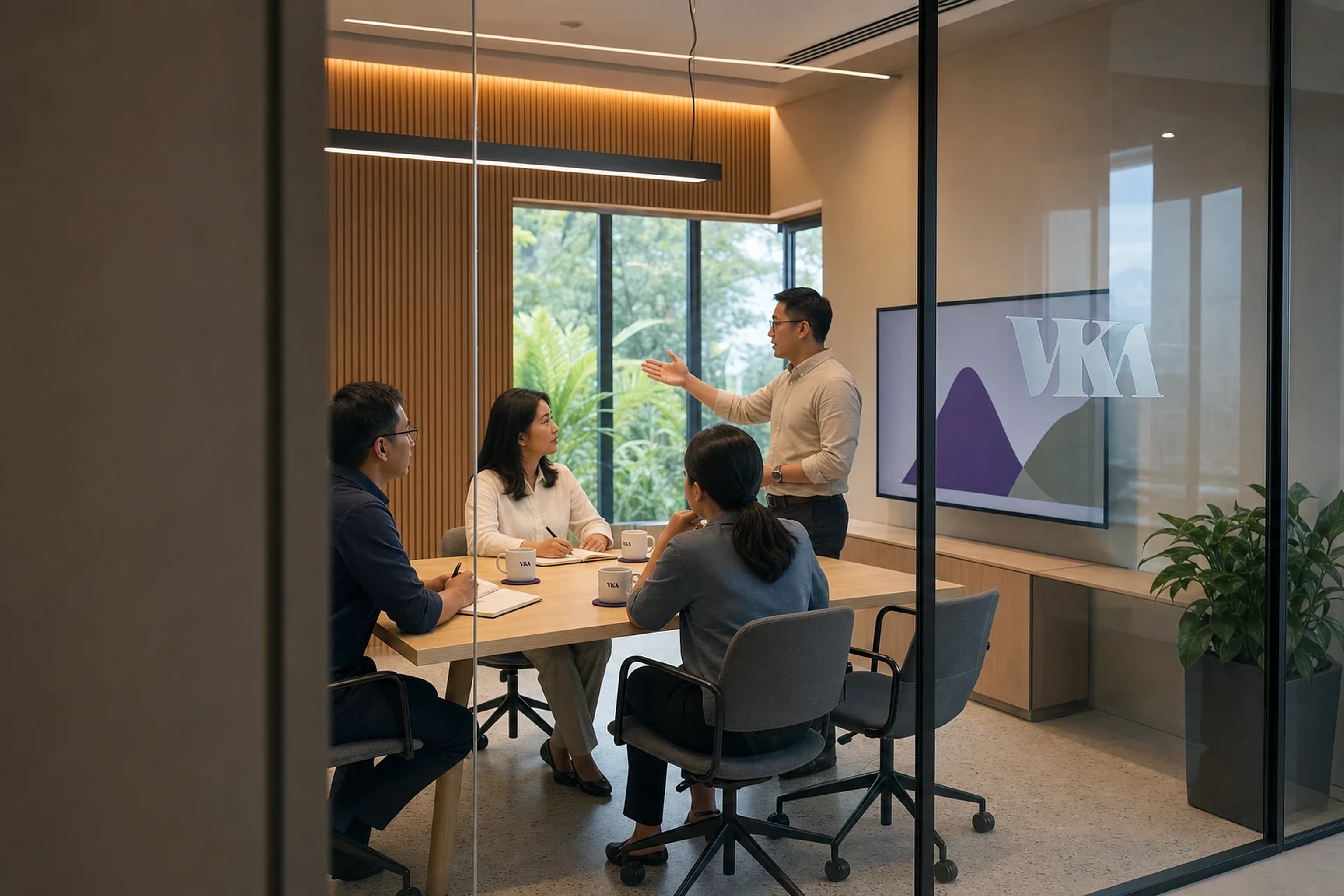 Glass-walled meeting room adjoining the laboratory corridor