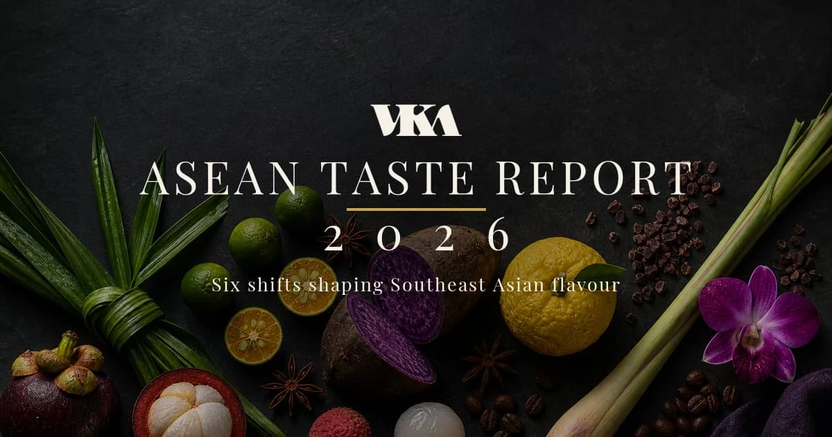 The VKA ASEAN Taste Report 2026 cover, the VKA logo and report title set over an editorial still life of Southeast Asian flavour ingredients including pandan, ube, calamansi, yuzu, lemongrass and mangosteen on a dark surface