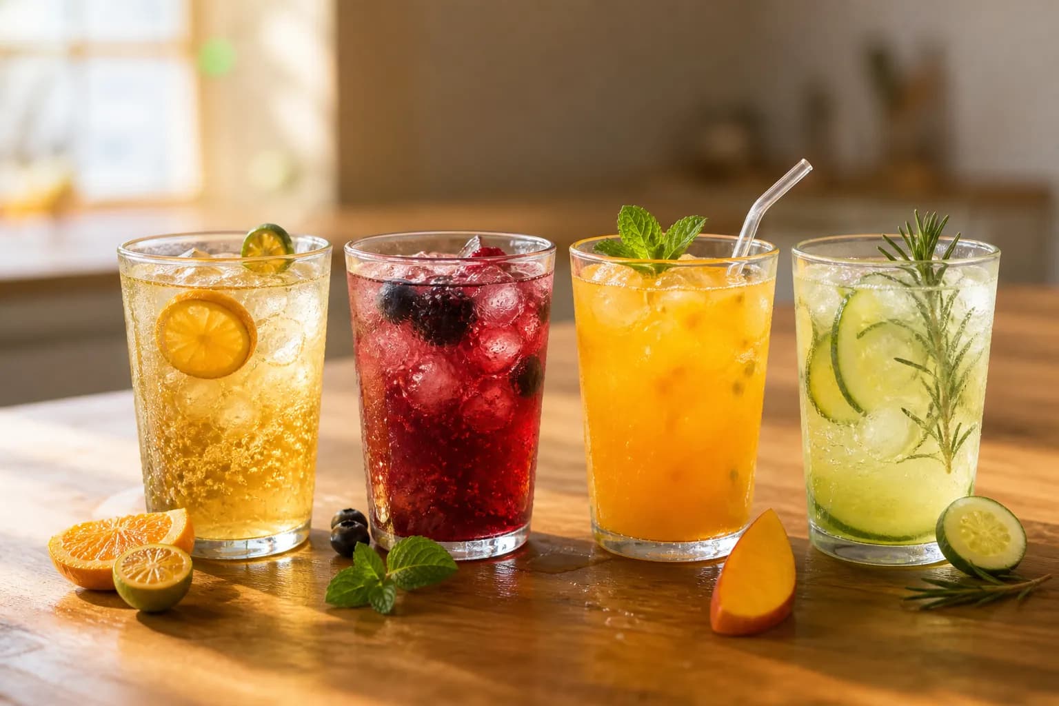 A row of vibrant flavoured drinks with fresh fruit garnish, from citrus soda to berry iced tea and a tropical cooler, the variety that beverage flavouring creates