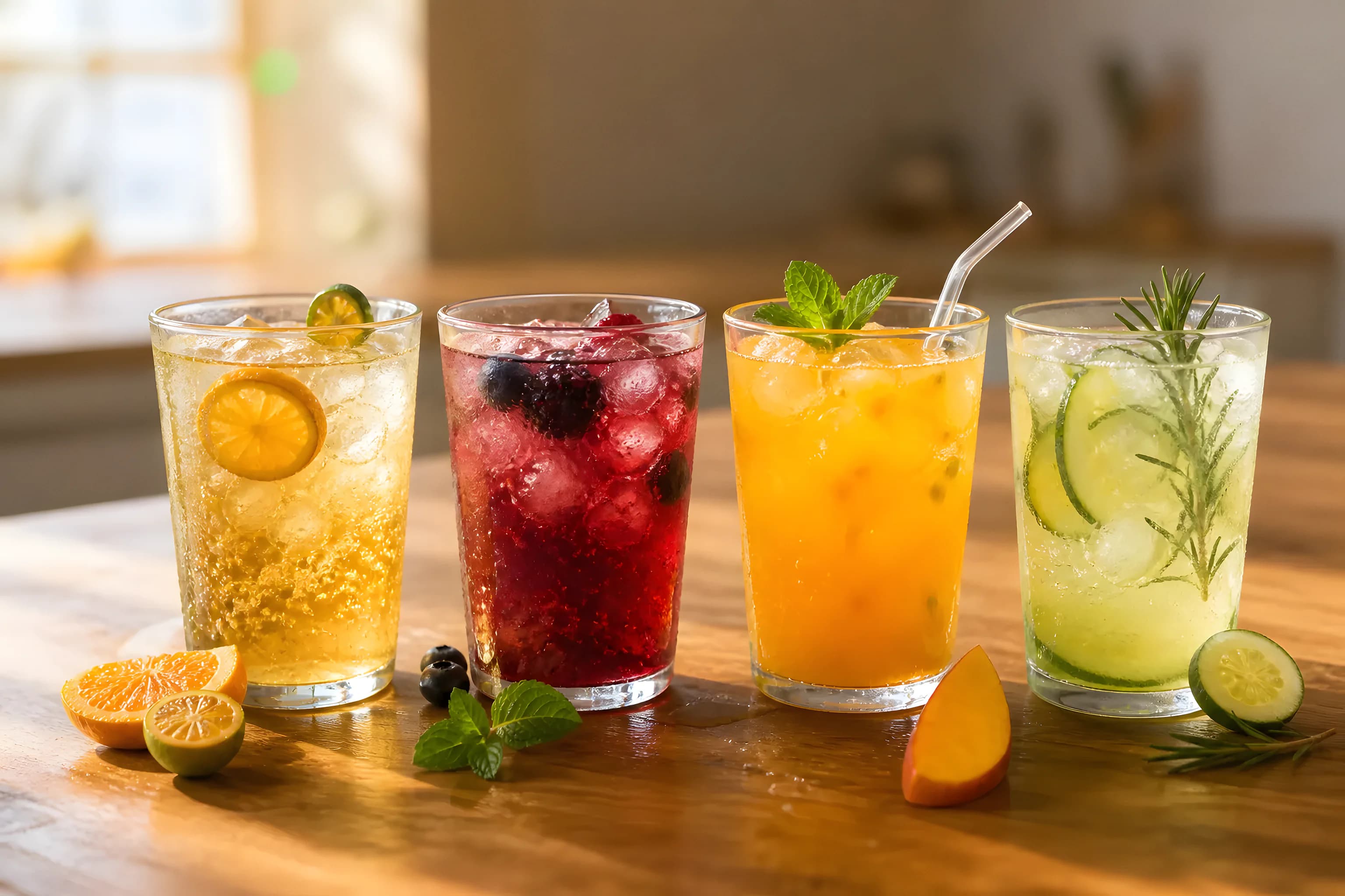 A row of vibrant flavoured drinks with fresh fruit garnish, from citrus soda to berry iced tea and a tropical cooler, the variety that beverage flavouring creates