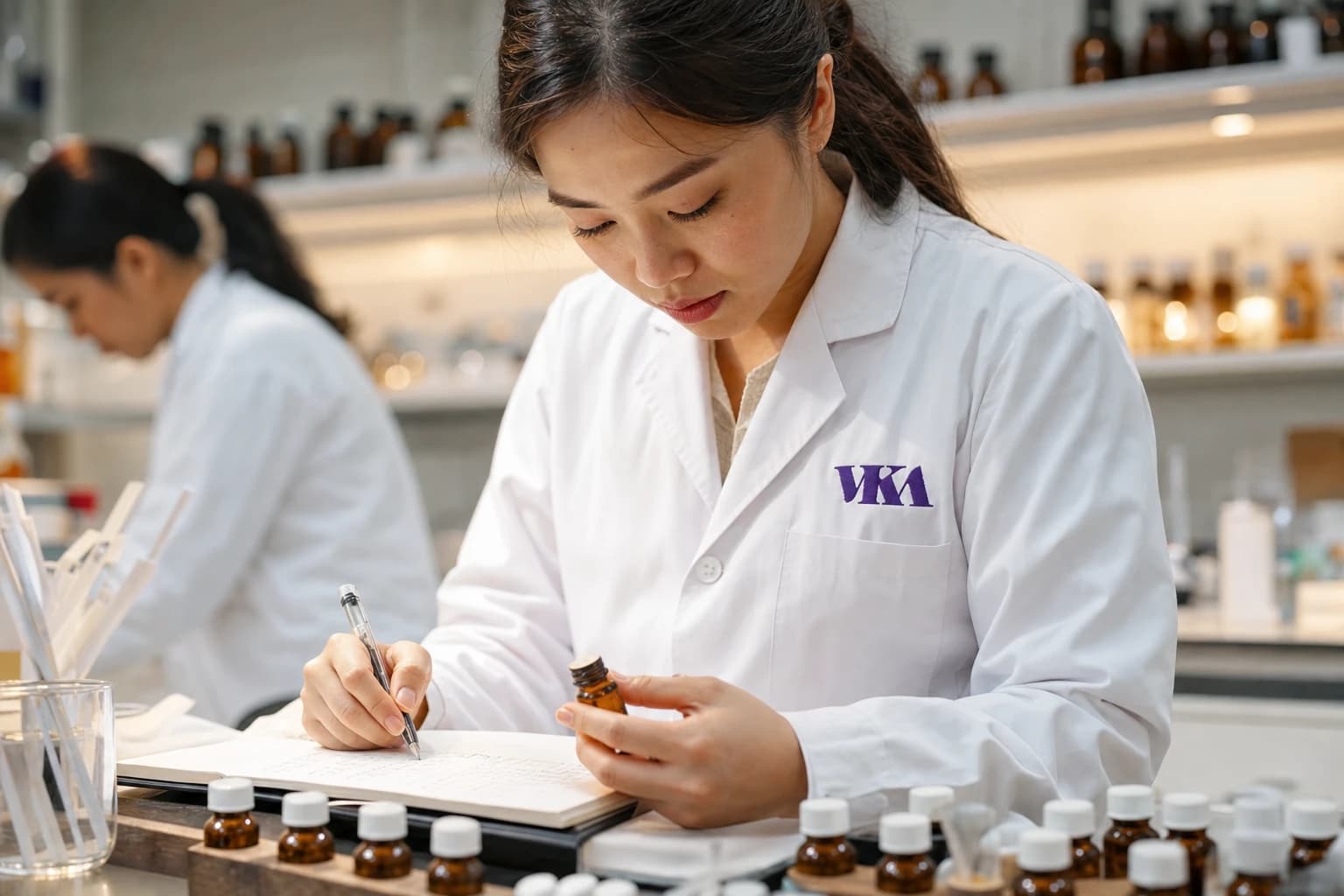 A VKA flavourist comparing and recording evaluation notes on flavour samples at the laboratory bench, with labelled amber sample bottles and a colleague working in the background