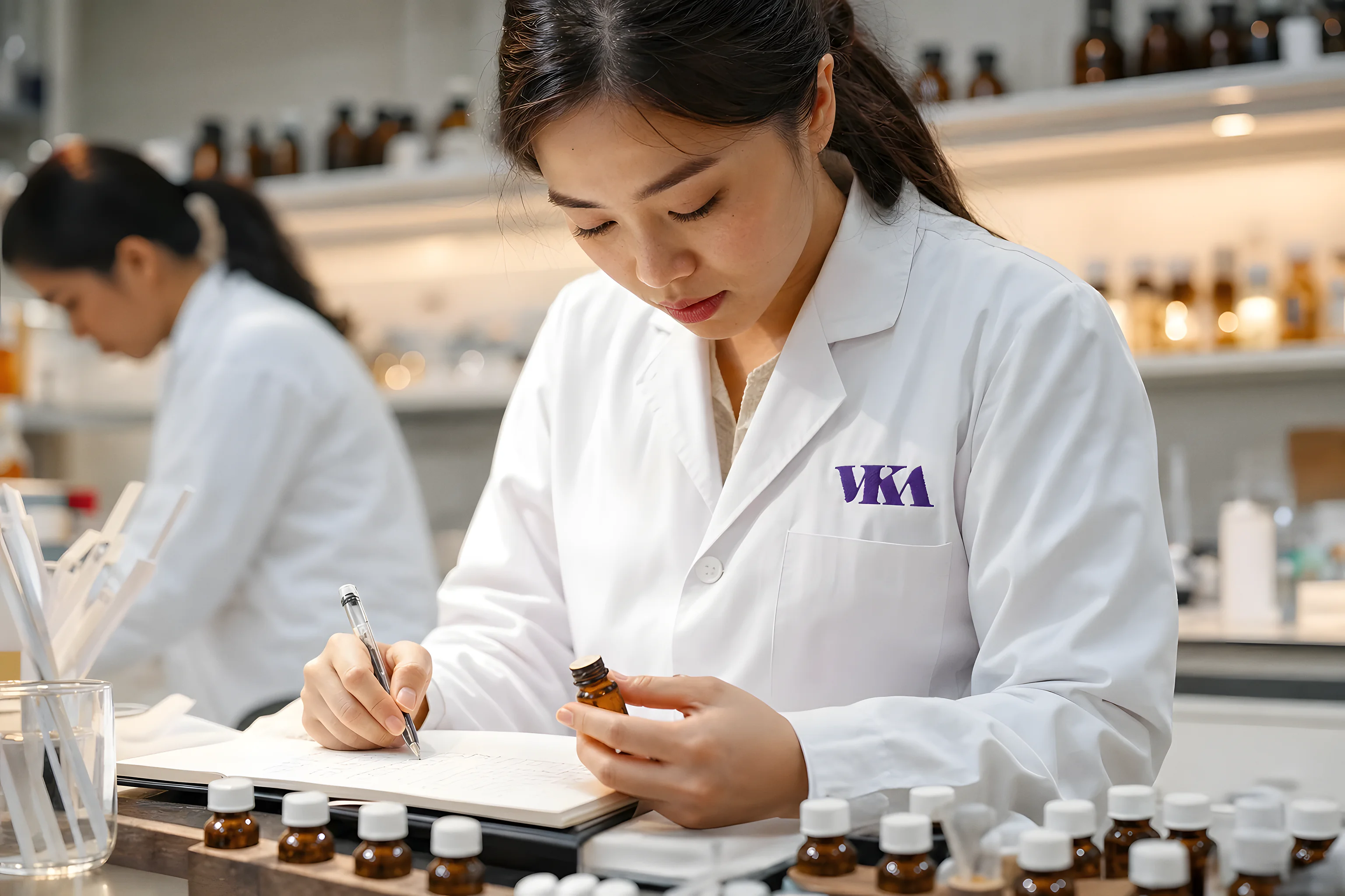 A VKA flavourist comparing and recording evaluation notes on flavour samples at the laboratory bench, with labelled amber sample bottles and a colleague working in the background