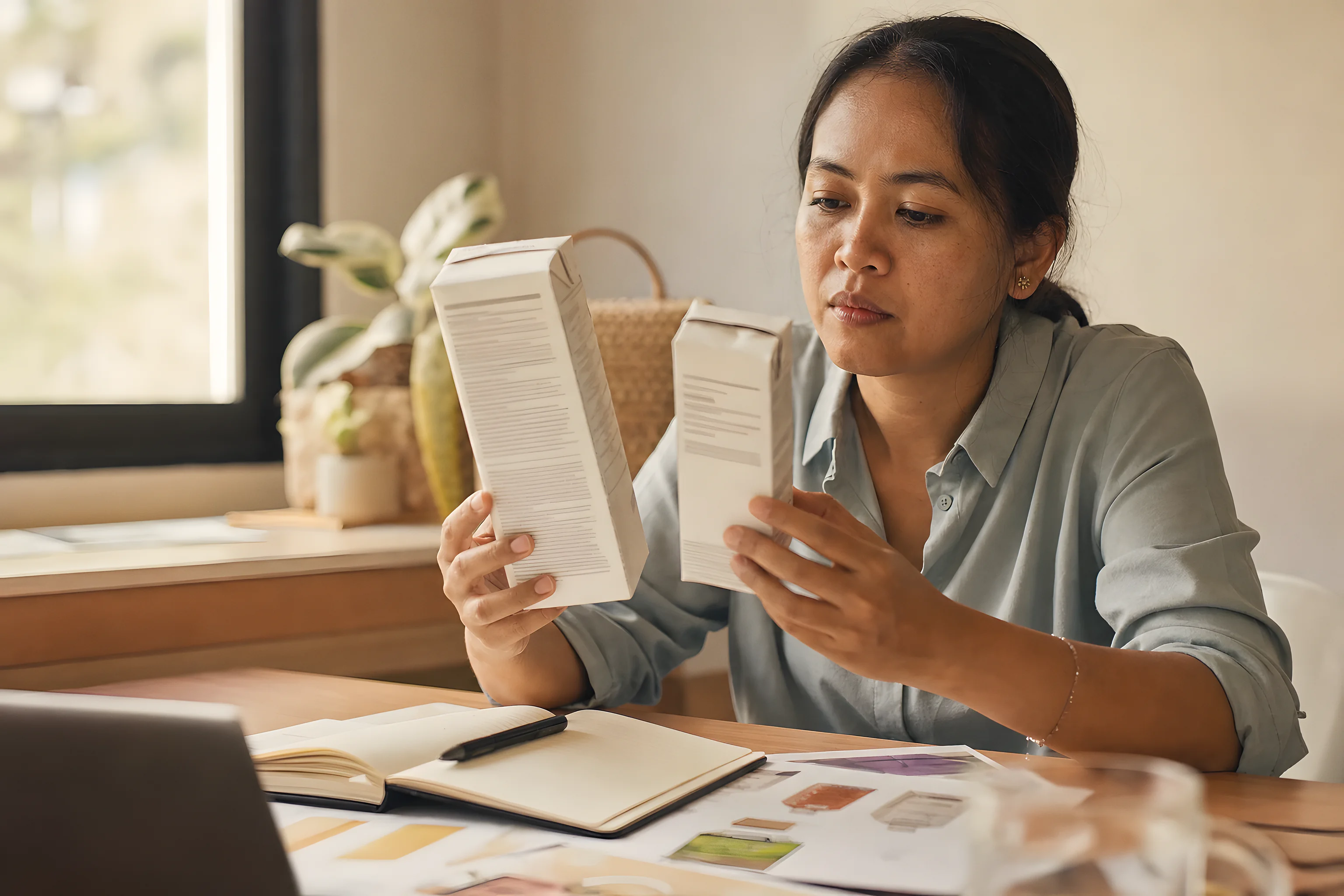 A food product developer comparing two packaged-food ingredient lists side by side at a desk, one long and one short, beside a flavour supplier's specification sheet