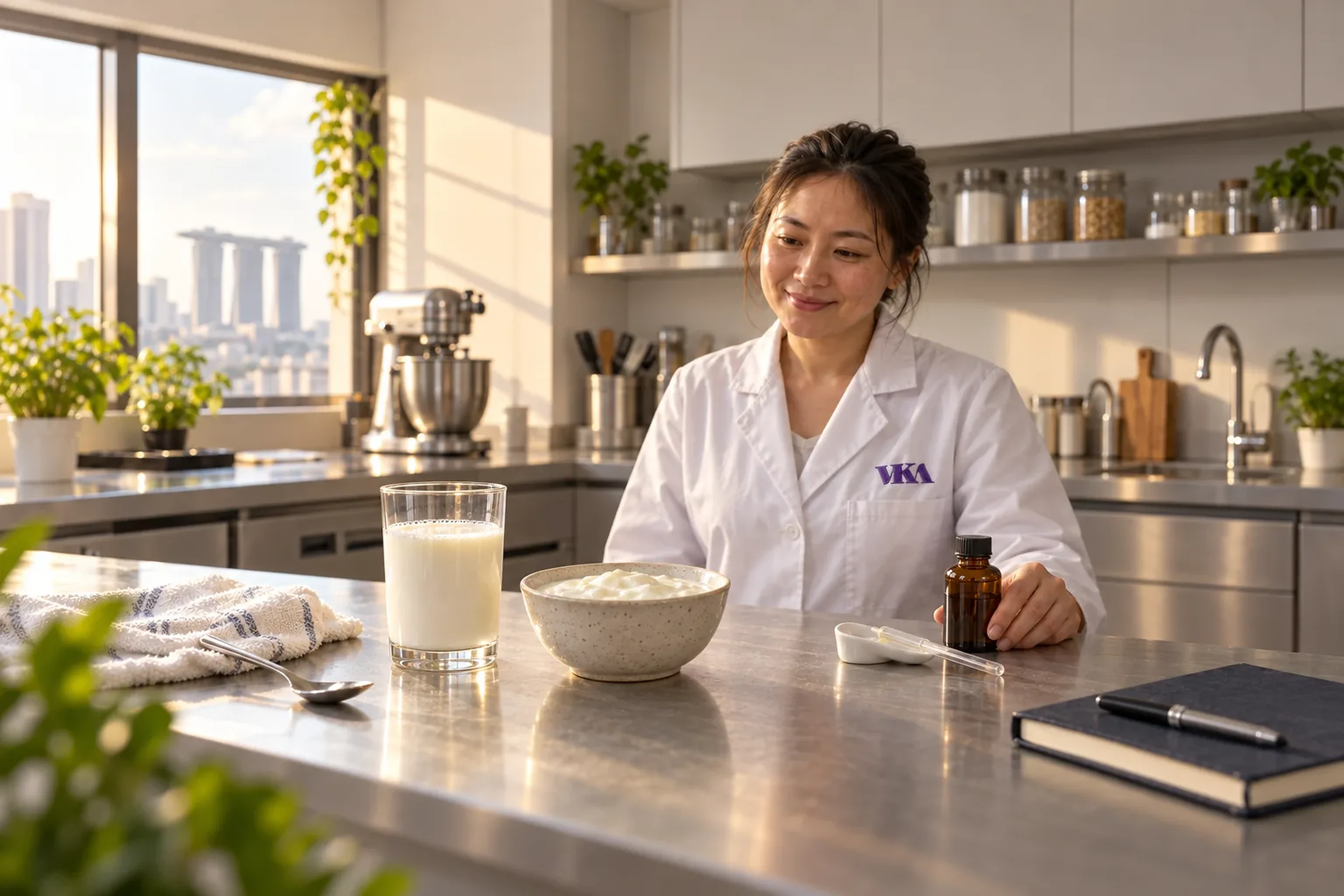 A technologist at an application bench with a glass of milk, a bowl of yoghurt and a small bottle of flavour with a dropper