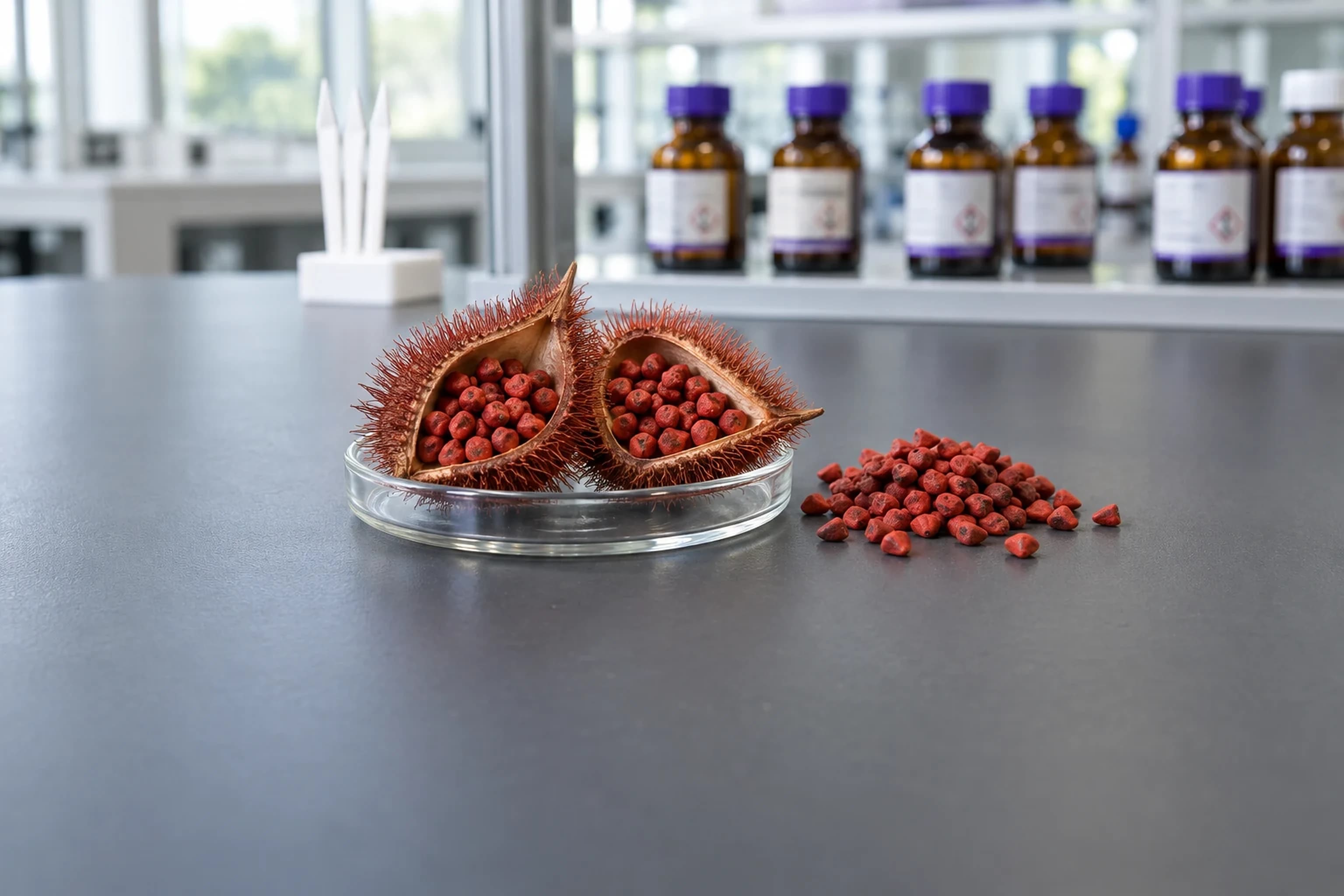 Two opened spiny annatto pods with red seeds in a glass dish beside loose annatto seeds on a laboratory bench