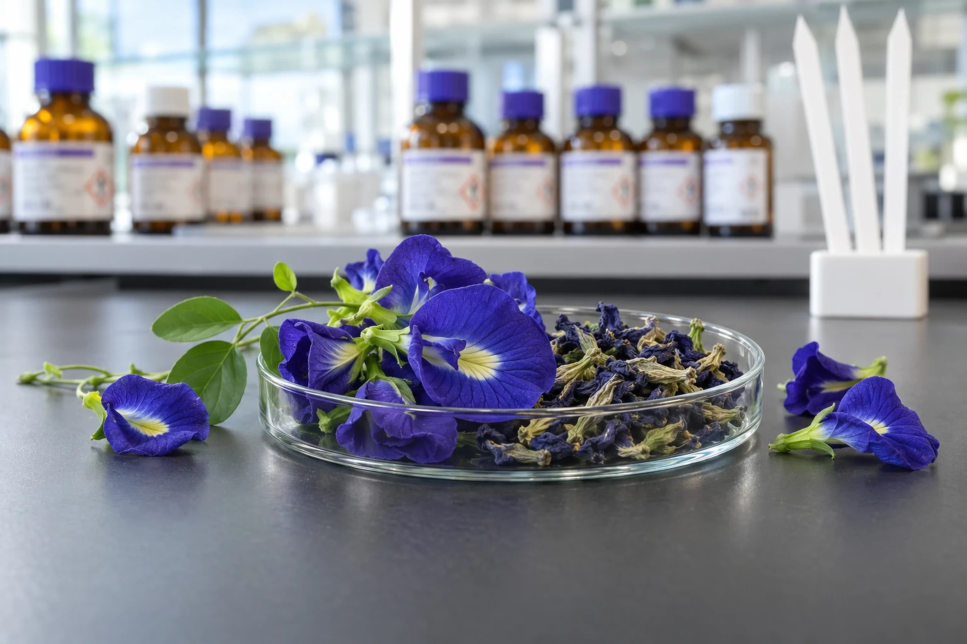 Fresh blue butterfly pea flowers beside a glass dish of dried flowers on a laboratory bench