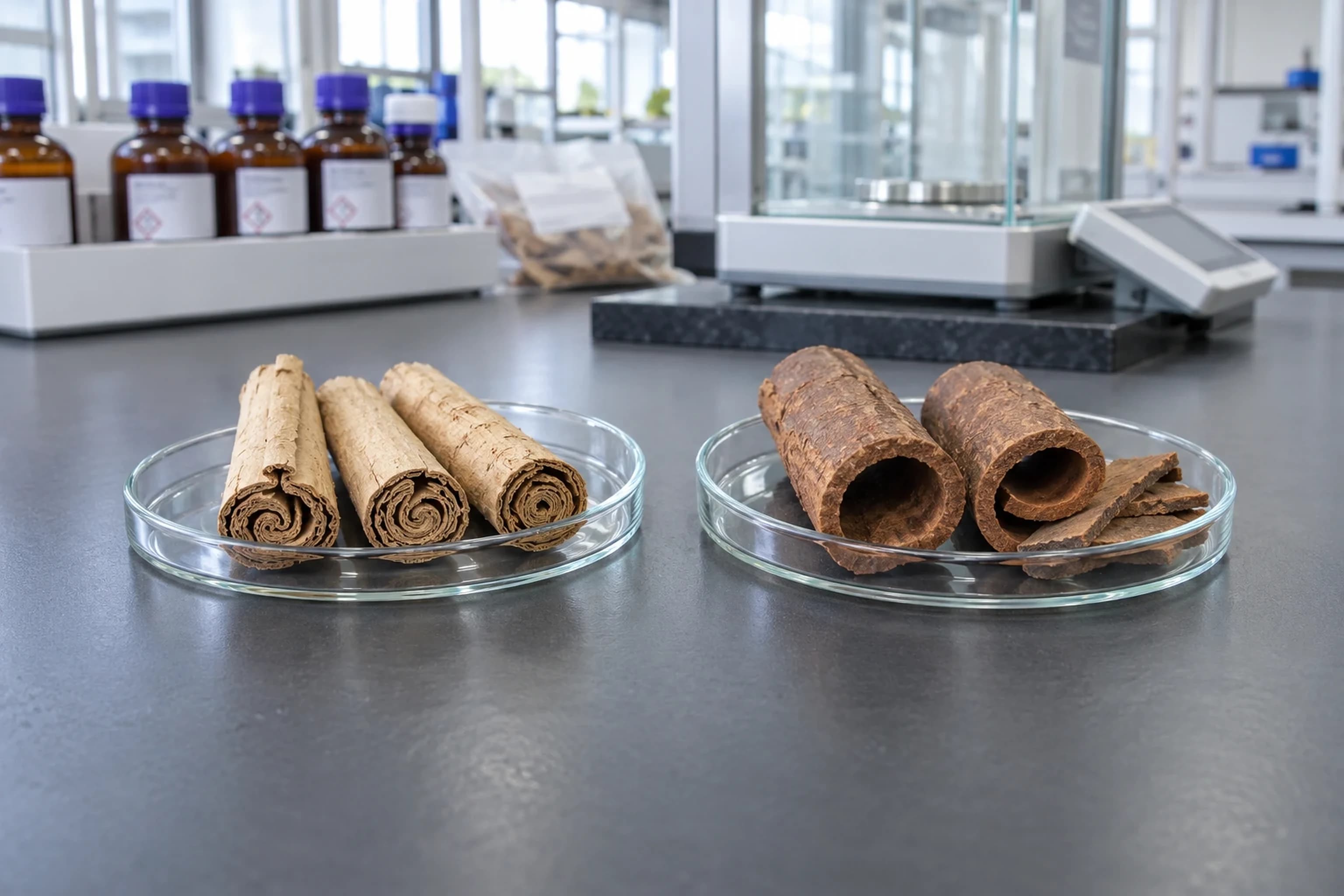 Thin layered cinnamon quills and thicker rolled cassia bark in two glass dishes on a laboratory bench, with a balance behind