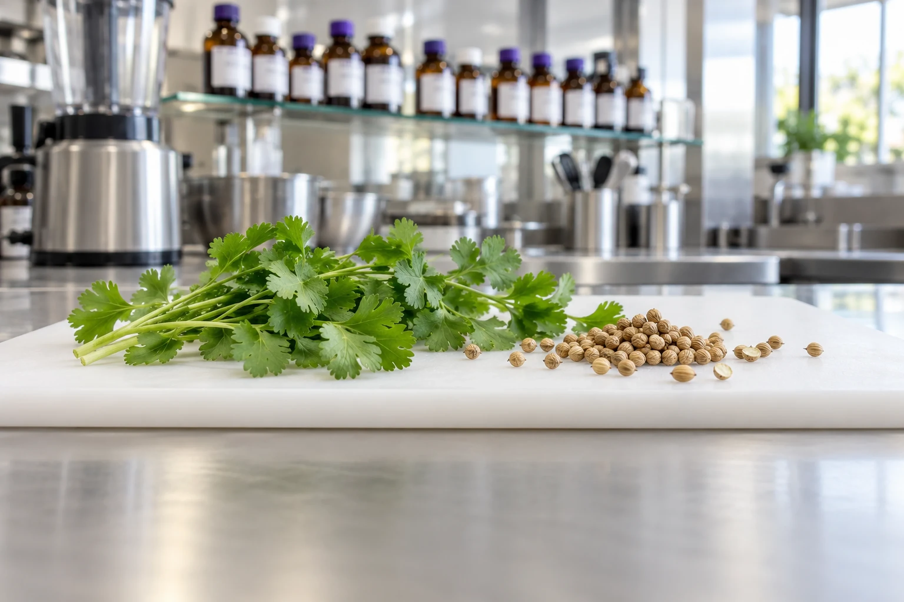 Fresh coriander sprigs and a scatter of round coriander seeds on a white cutting board in a stainless application kitchen