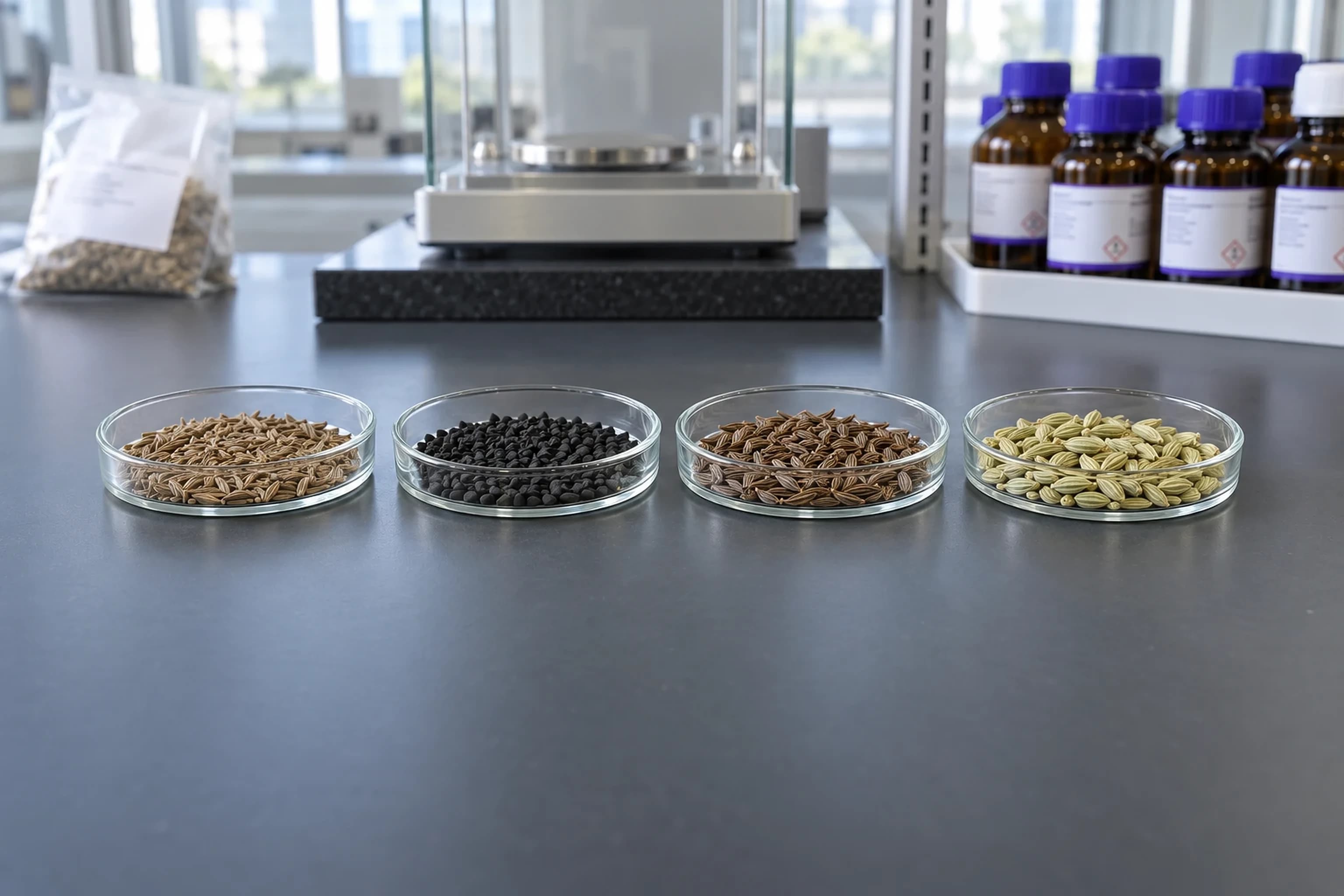 Four glass dishes of whole seeds on a laboratory bench: cumin, black cumin, caraway and fennel, with a balance behind