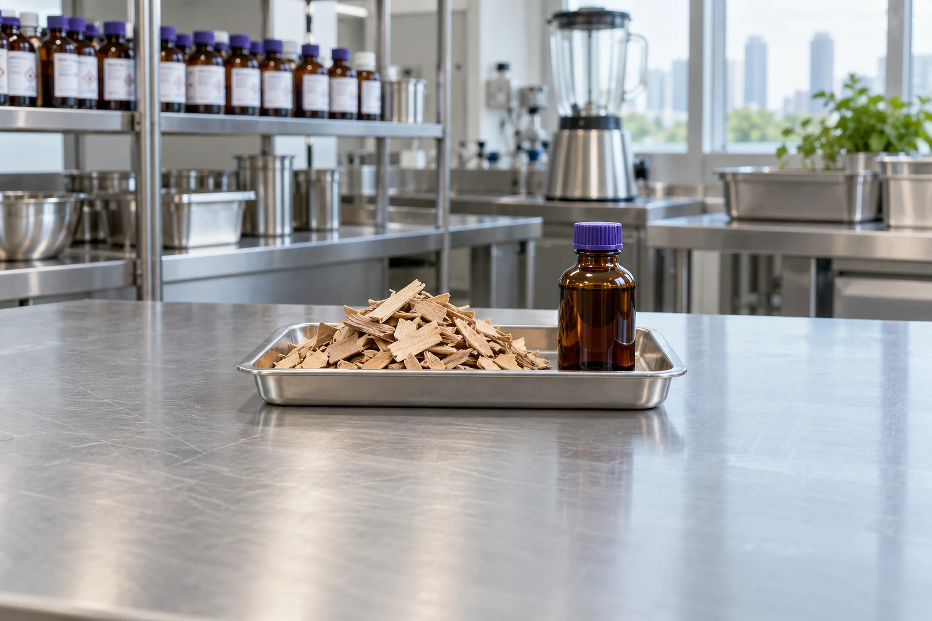 An amber bottle with a violet cap beside hardwood chips on a stainless tray in an application kitchen