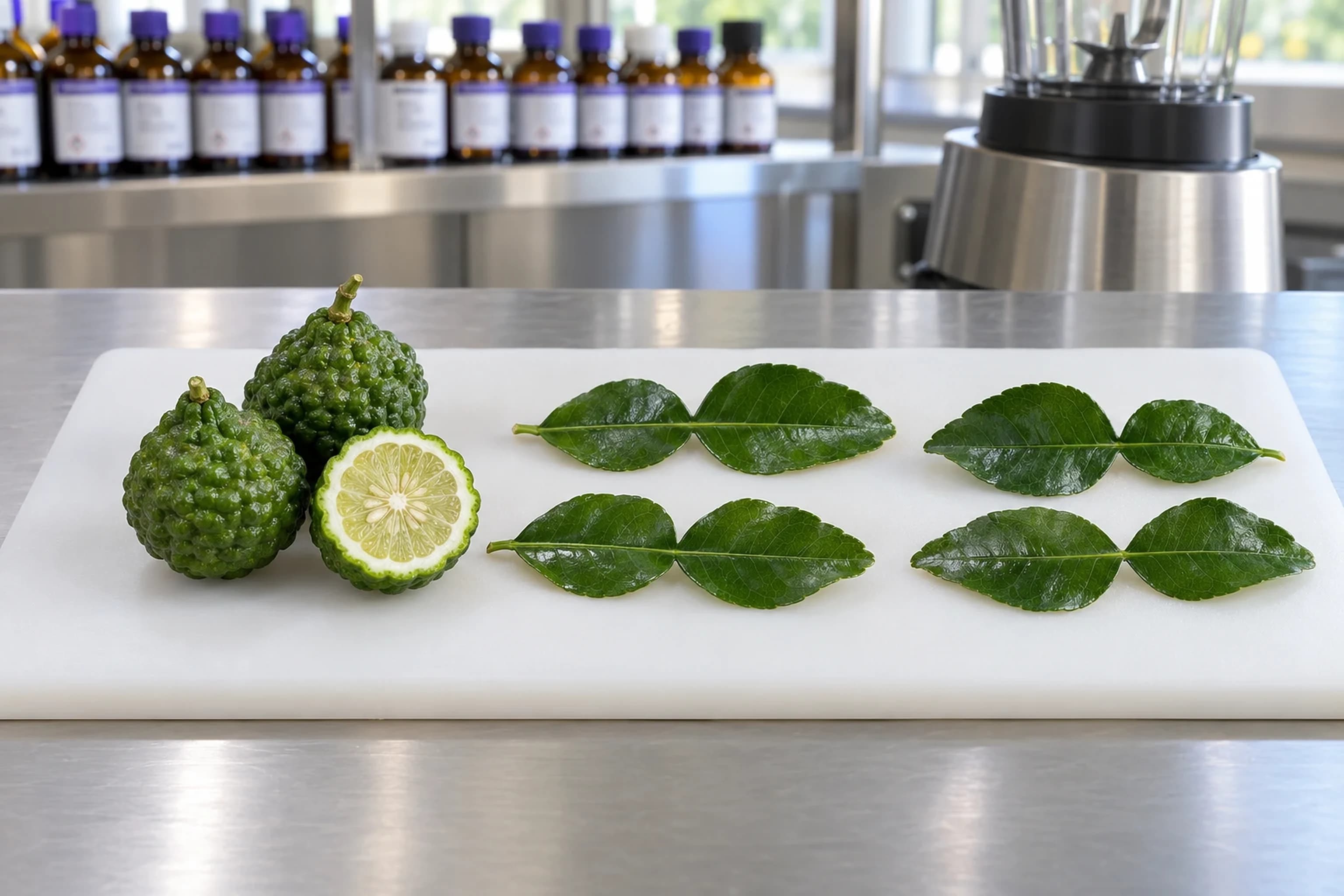 Bumpy makrut limes, one cut in half, beside double-lobed makrut lime leaves on a white cutting board in an application kitchen