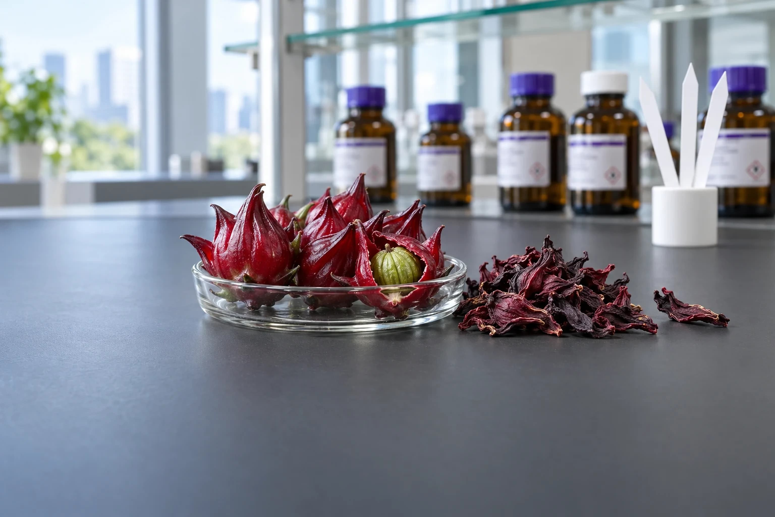 Fresh red roselle calyces in a glass dish, one opened to show the green seed pod, beside dried calyces on a laboratory bench