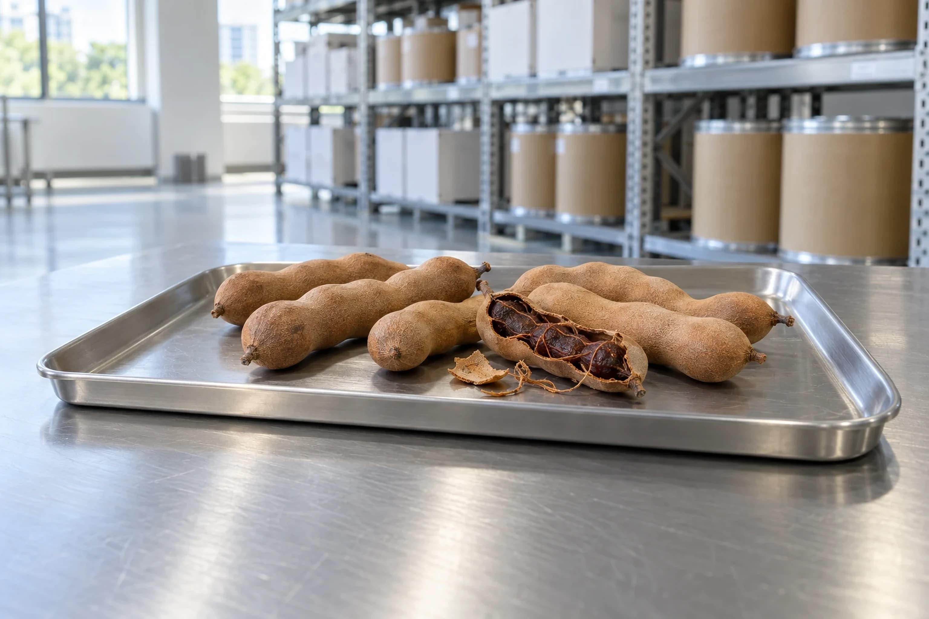 Whole tamarind pods on a stainless tray in a raw-material store, one cracked open to show the pulp, with fibre drums on racking behind