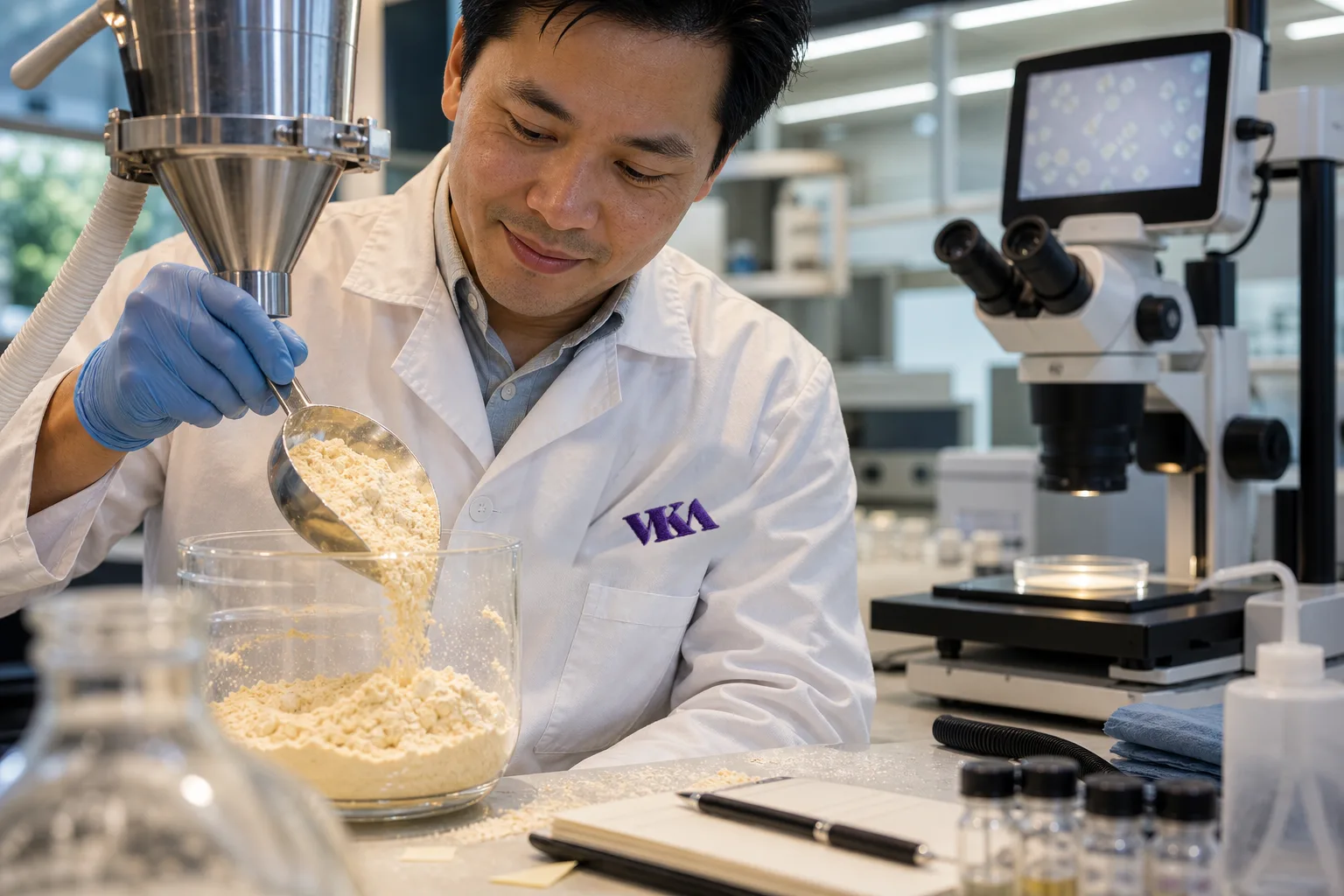 A flavourist scooping fine encapsulated flavour powder at a laboratory bench, with a microscope showing the microcapsules behind