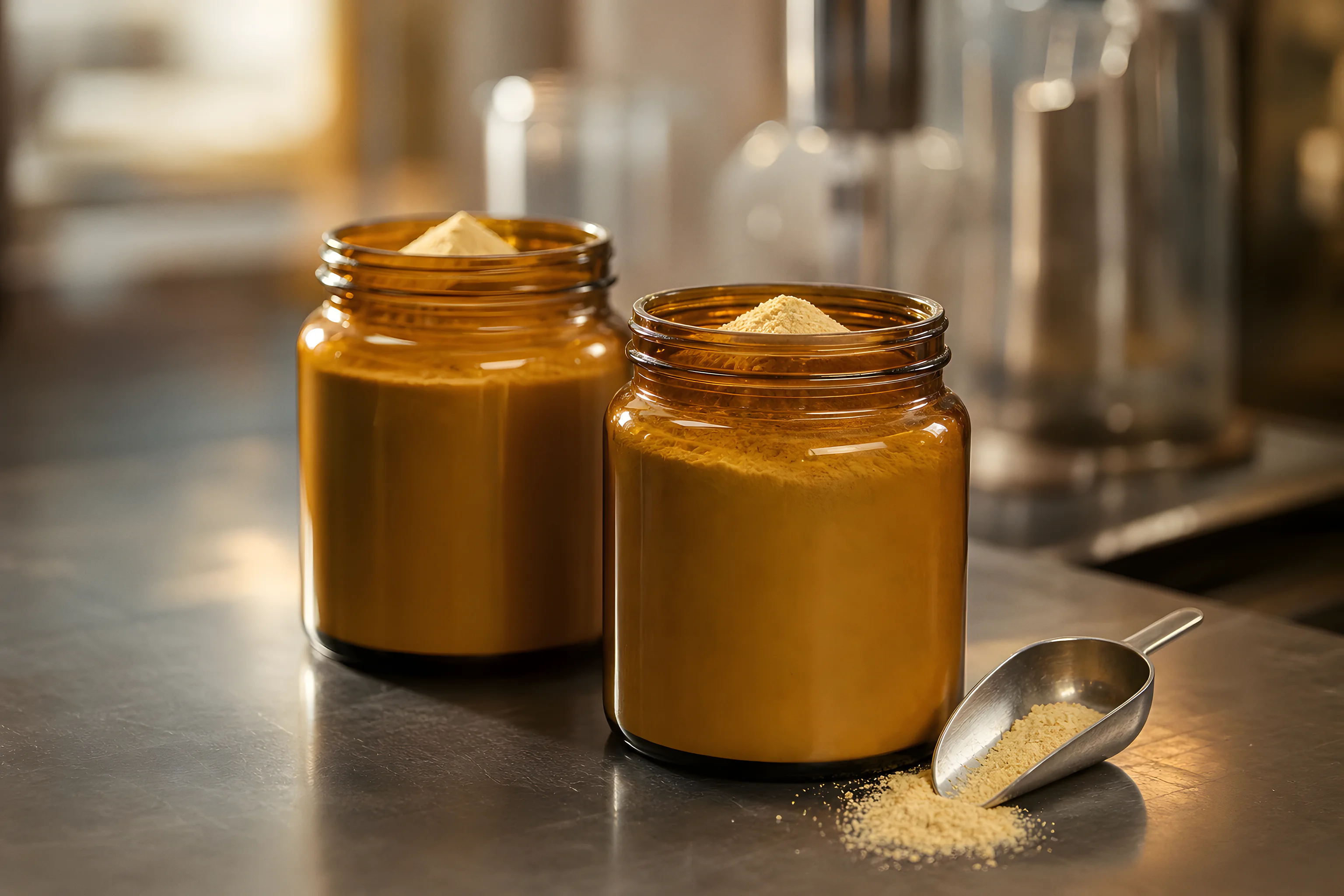 A flavourist scooping fine encapsulated flavour powder at a laboratory bench, with a microscope showing the microcapsules behind
