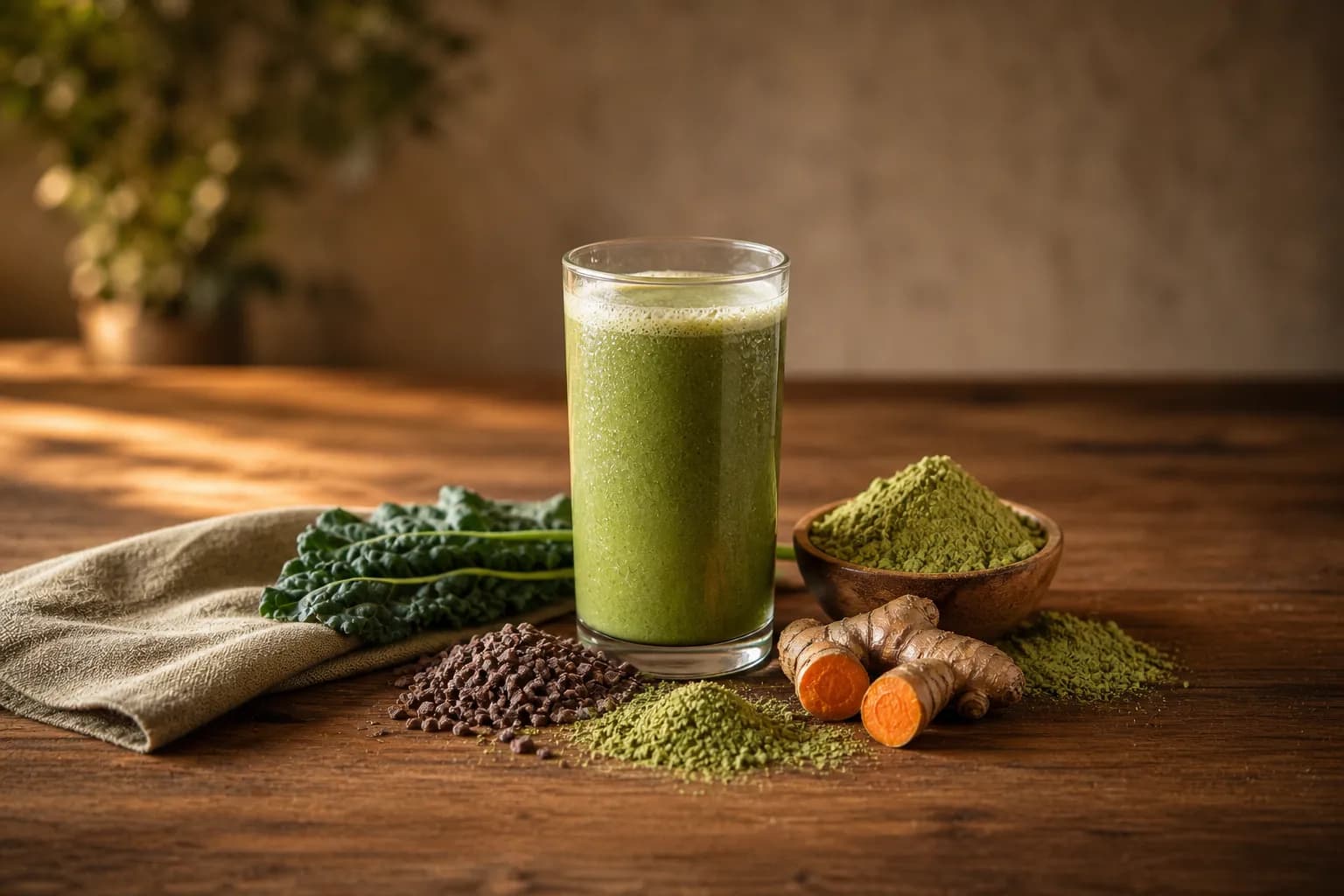 A green plant-protein shake beside raw cacao nibs, fresh turmeric and matcha, the bitter and earthy ingredients whose off-notes flavour masking is built to tame