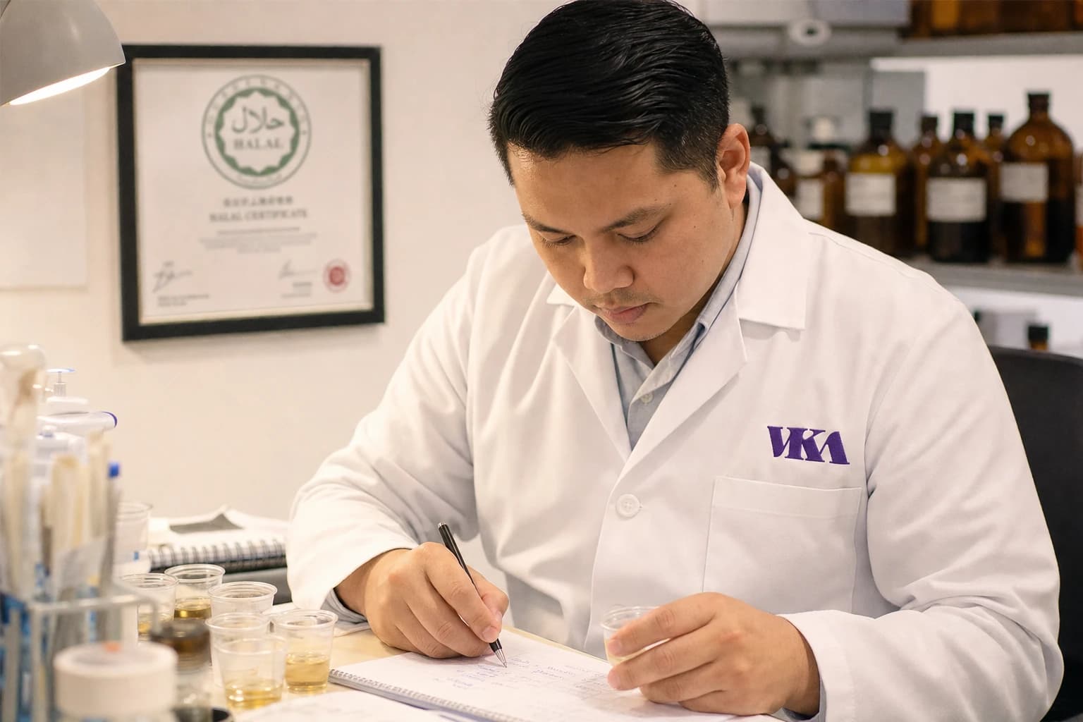 A VKA flavourist recording evaluation notes at a lab bench, with amber sample bottles and smelling strips in front and a framed halal certification on the wall behind