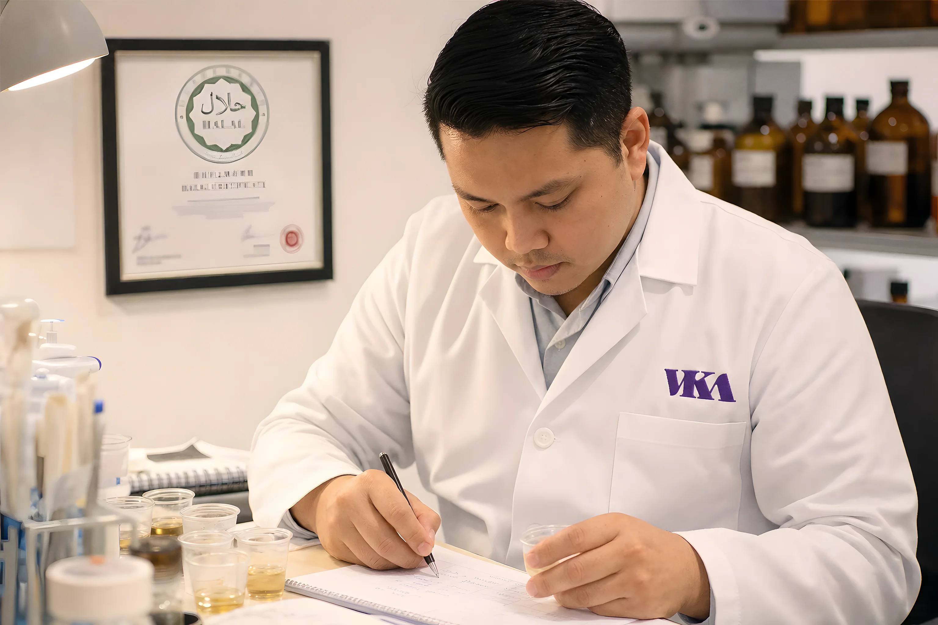 A VKA flavourist recording evaluation notes at a lab bench, with amber sample bottles and smelling strips in front and a framed halal certification on the wall behind