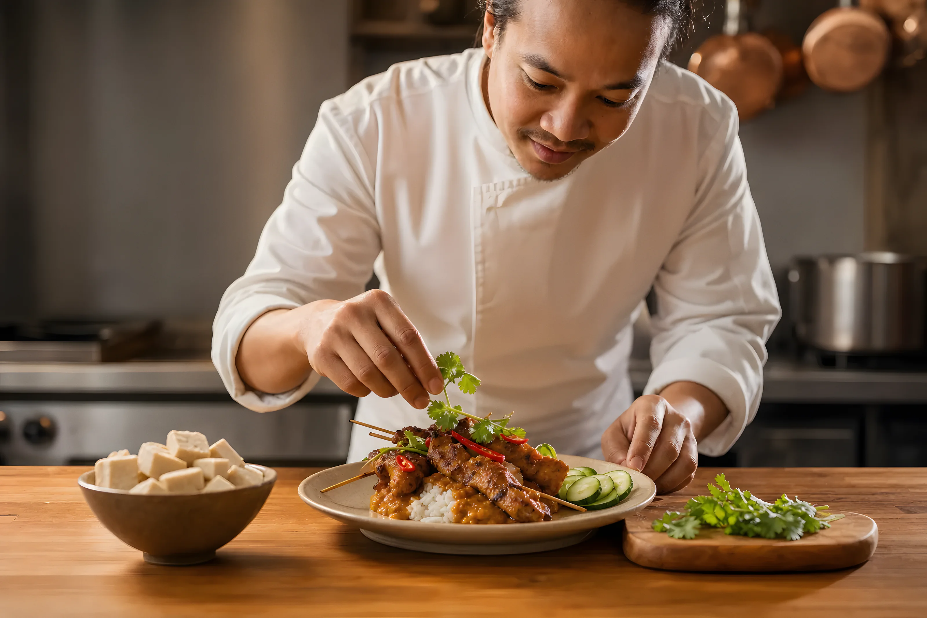 A chef adding herbs to grilled skewers served with rice and sliced cucumber