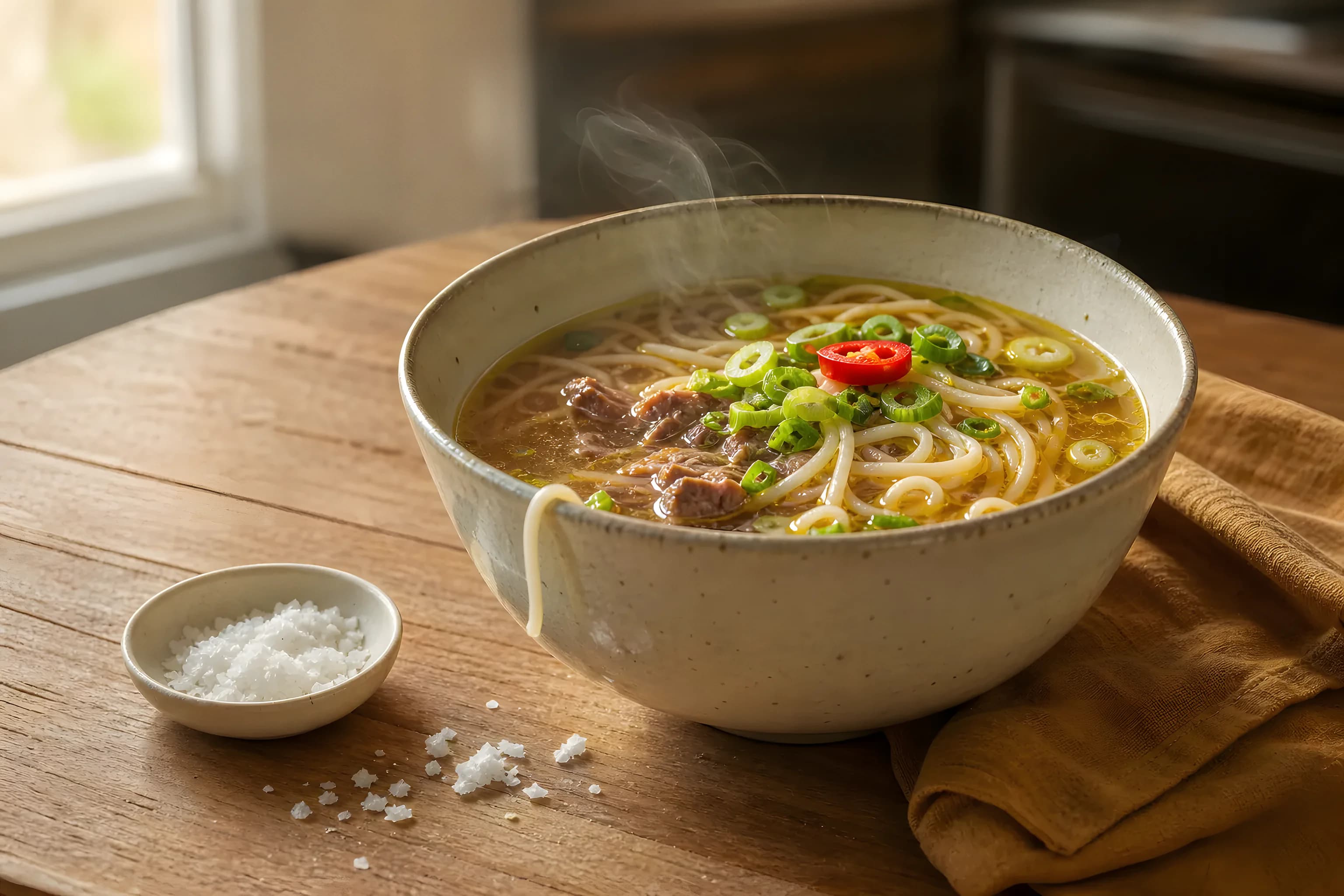A steaming bowl of savoury Asian noodle broth beside a small dish of flaky sea salt, the everyday sodium that salt reduction sets out to lower without losing taste