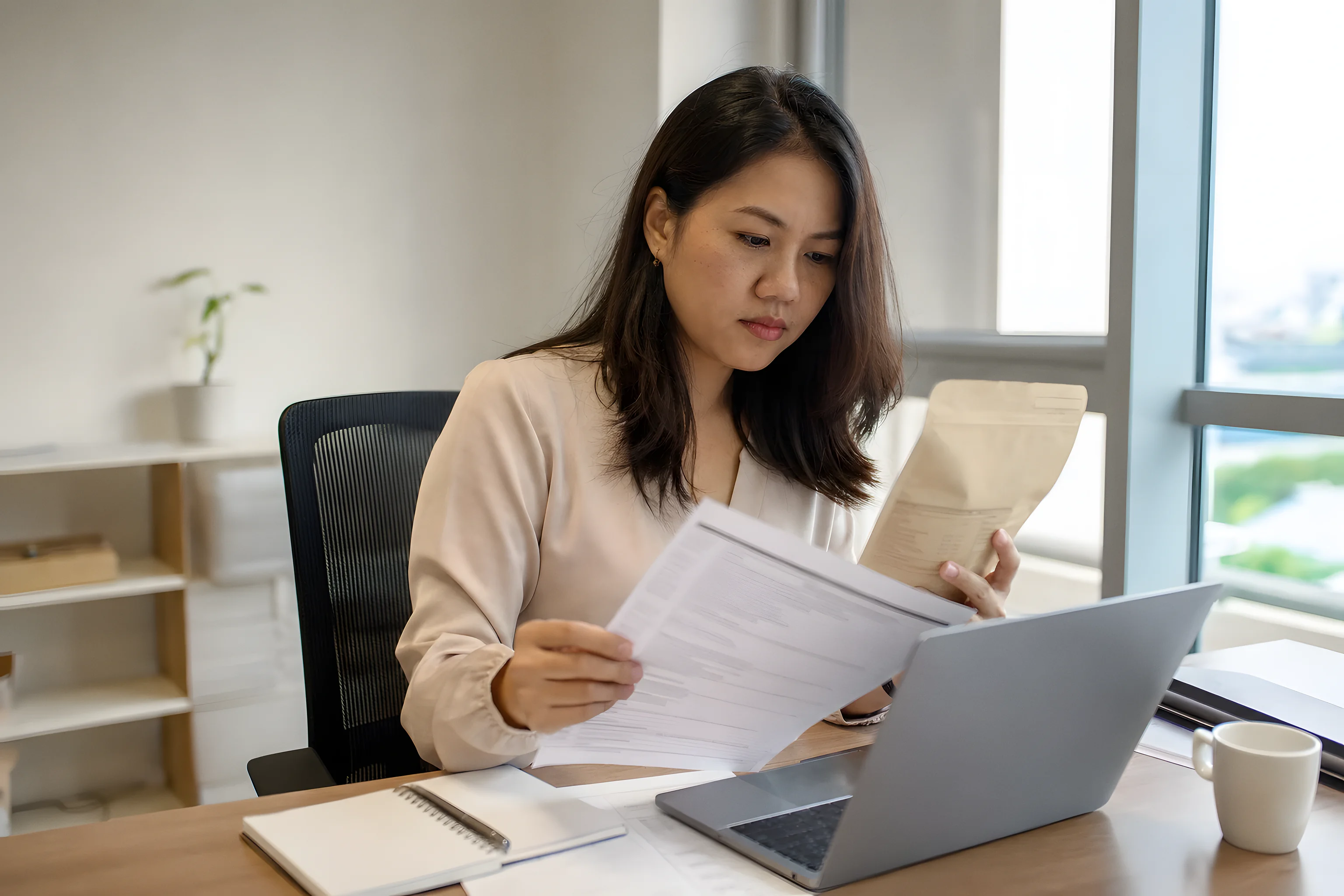 A regulatory affairs specialist checking a prepacked food product's ingredient list against a flavour supplier's specification sheet at a desk in Singapore