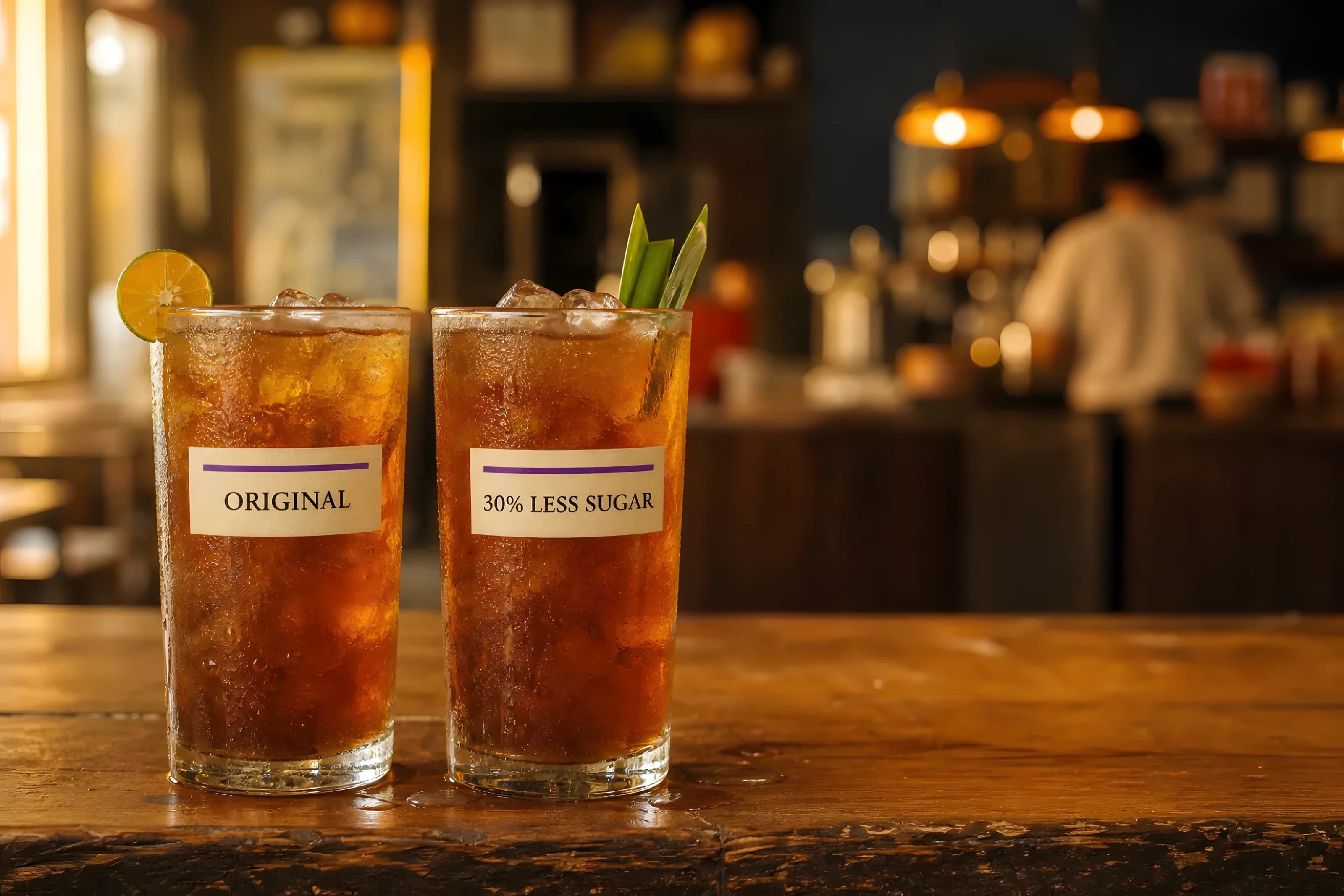 Two iced beverages side by side, one labelled Original and one 30% Less Sugar