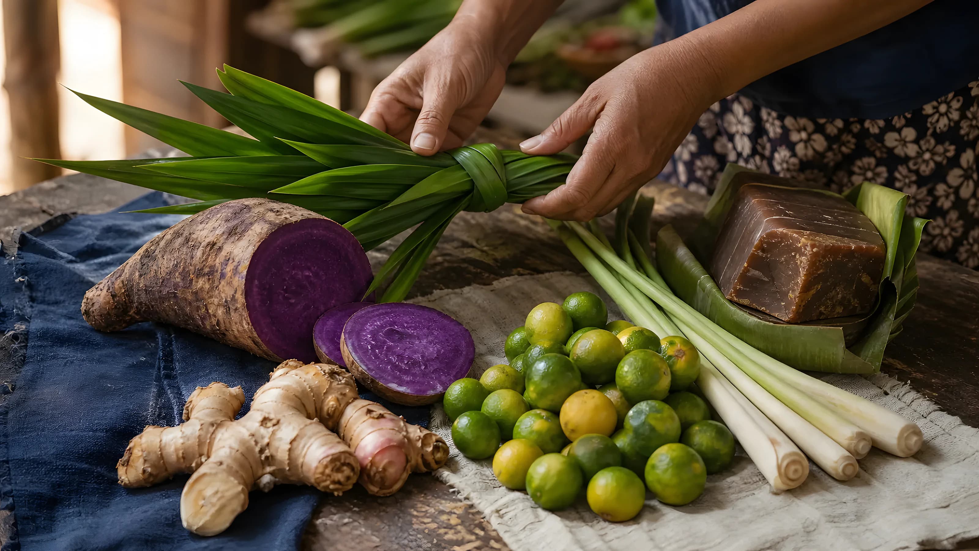 ASEAN market vendor arranging pandan leaves, ube purple yam, calamansi limes, gula melaka and lemongrass on a wooden table