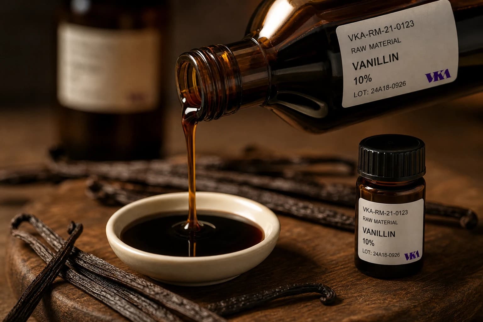 Hand pouring amber vanilla extract into a cream ceramic bowl with vanilla pods on navy linen