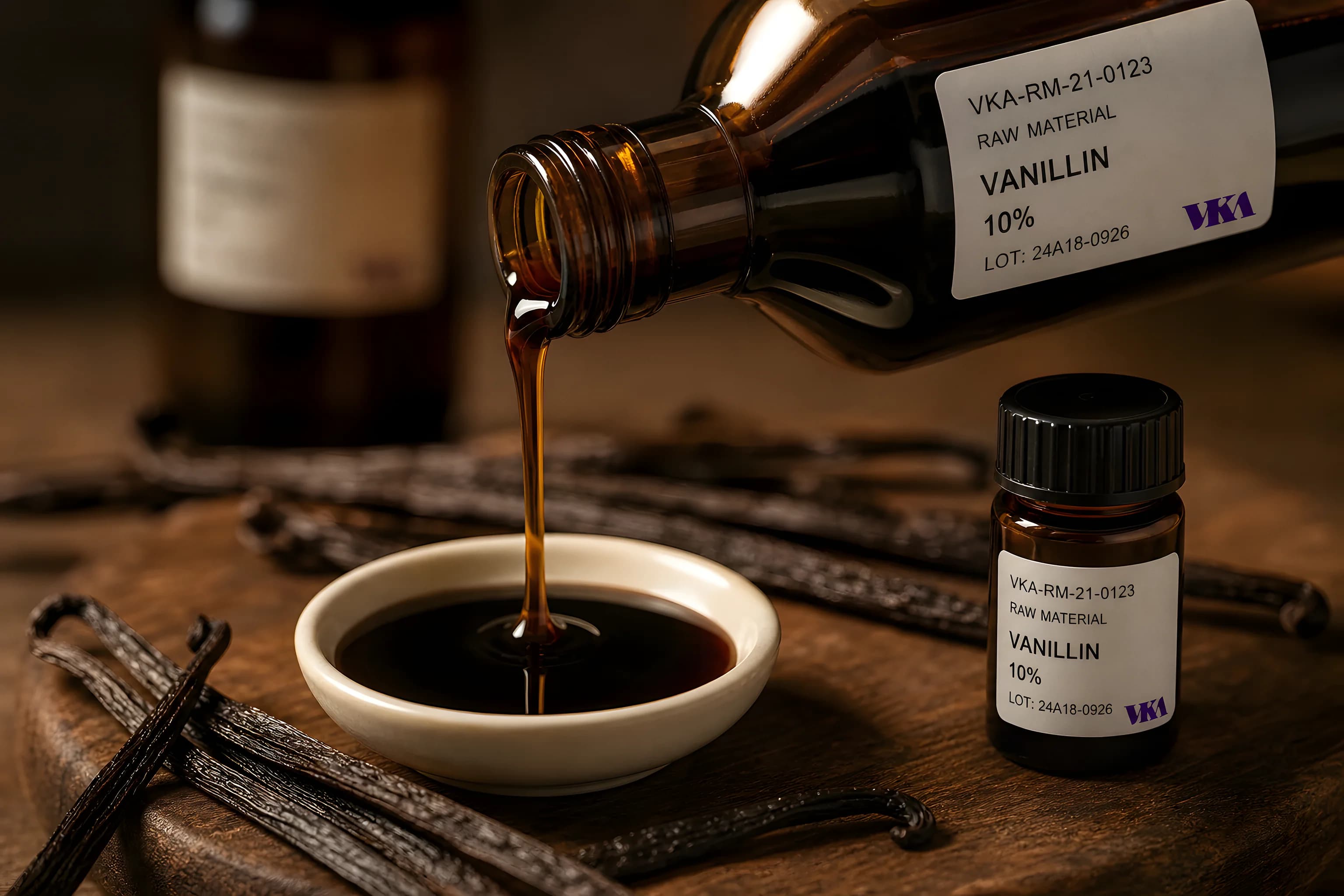 Hand pouring amber vanilla extract into a cream ceramic bowl with vanilla pods on navy linen