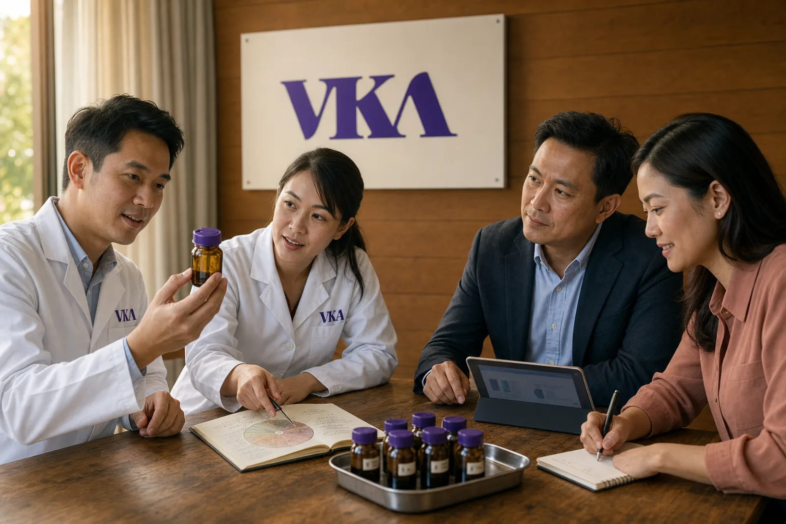 VKA flavourist and technical sales presenting a sample to two client representatives in a working evaluation meeting