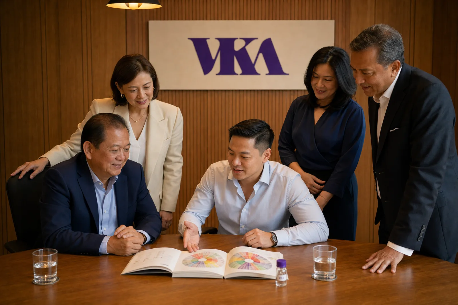 Tim kepemimpinan VKA berkumpul di sekeliling meja konferensi kayu sambil membahas roda cita rasa, dengan wordmark VKA pada dinding berpanel kayu di belakang