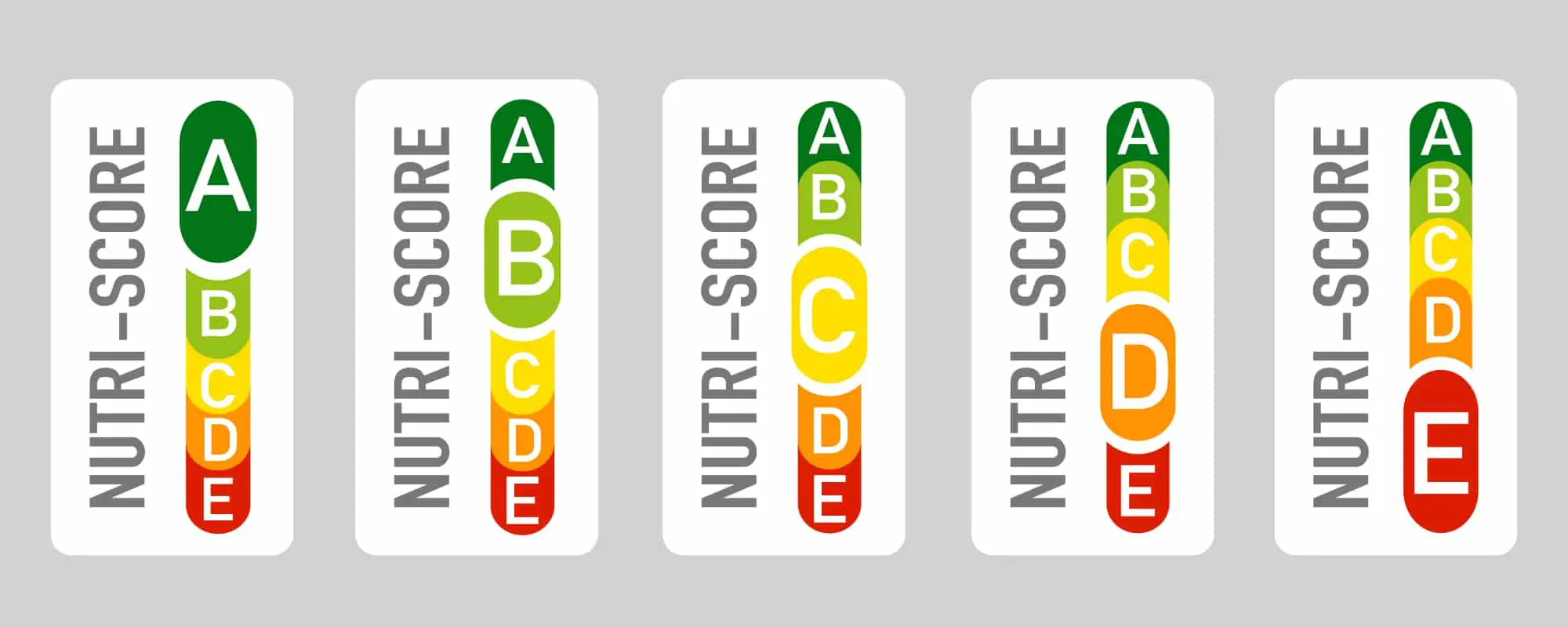 Nutri-Score labels showing food nutrition ratings from A to E with color codes ranging from green for healthiest options to red for least healthy