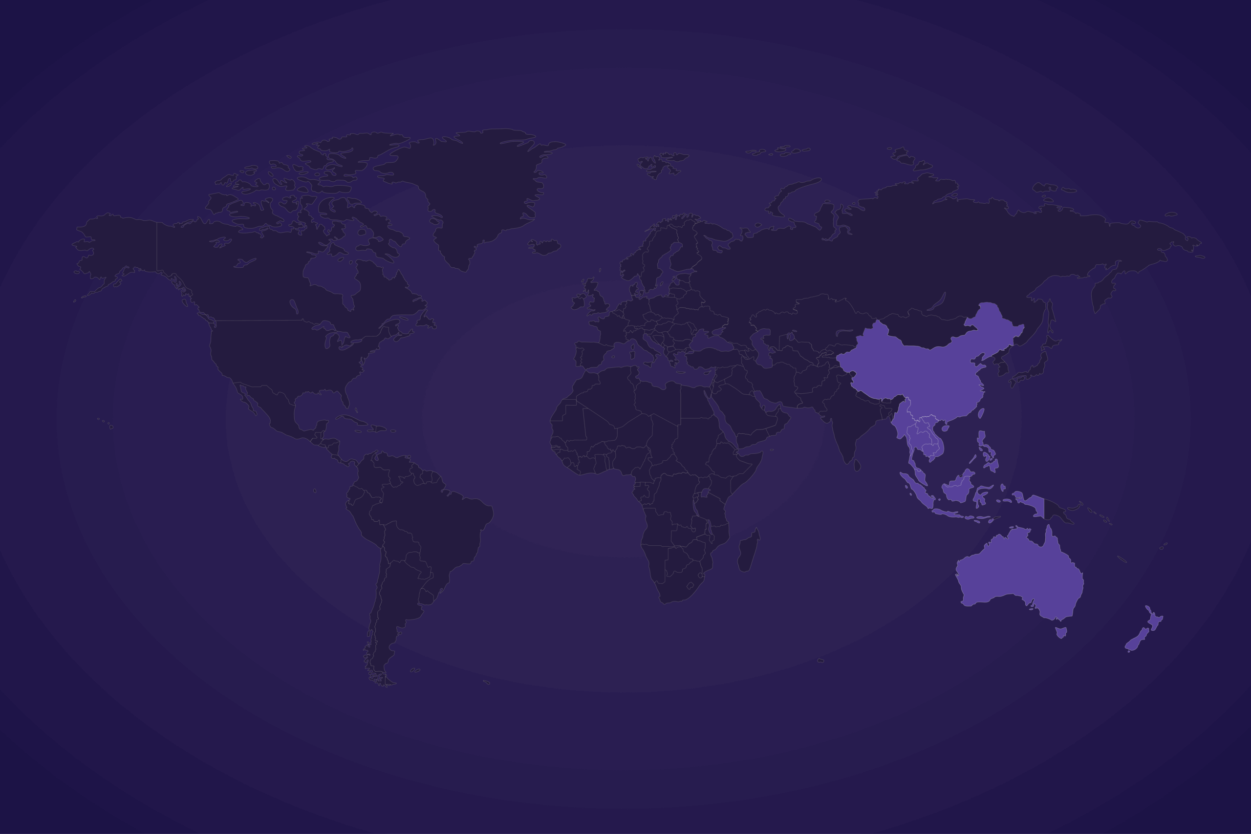 World map highlighting China, Southeast Asia, Australia, and New Zealand in purple on a dark blue background